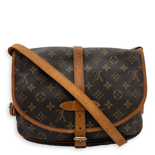 Saumur Crossbody Bag Brown in Monogram Coated Canvas, Gold hardware