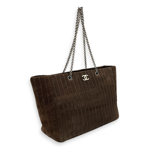 Quilted Vertical Mademoiselle Brown Tote Bag in Suede Leather, Silver hardware