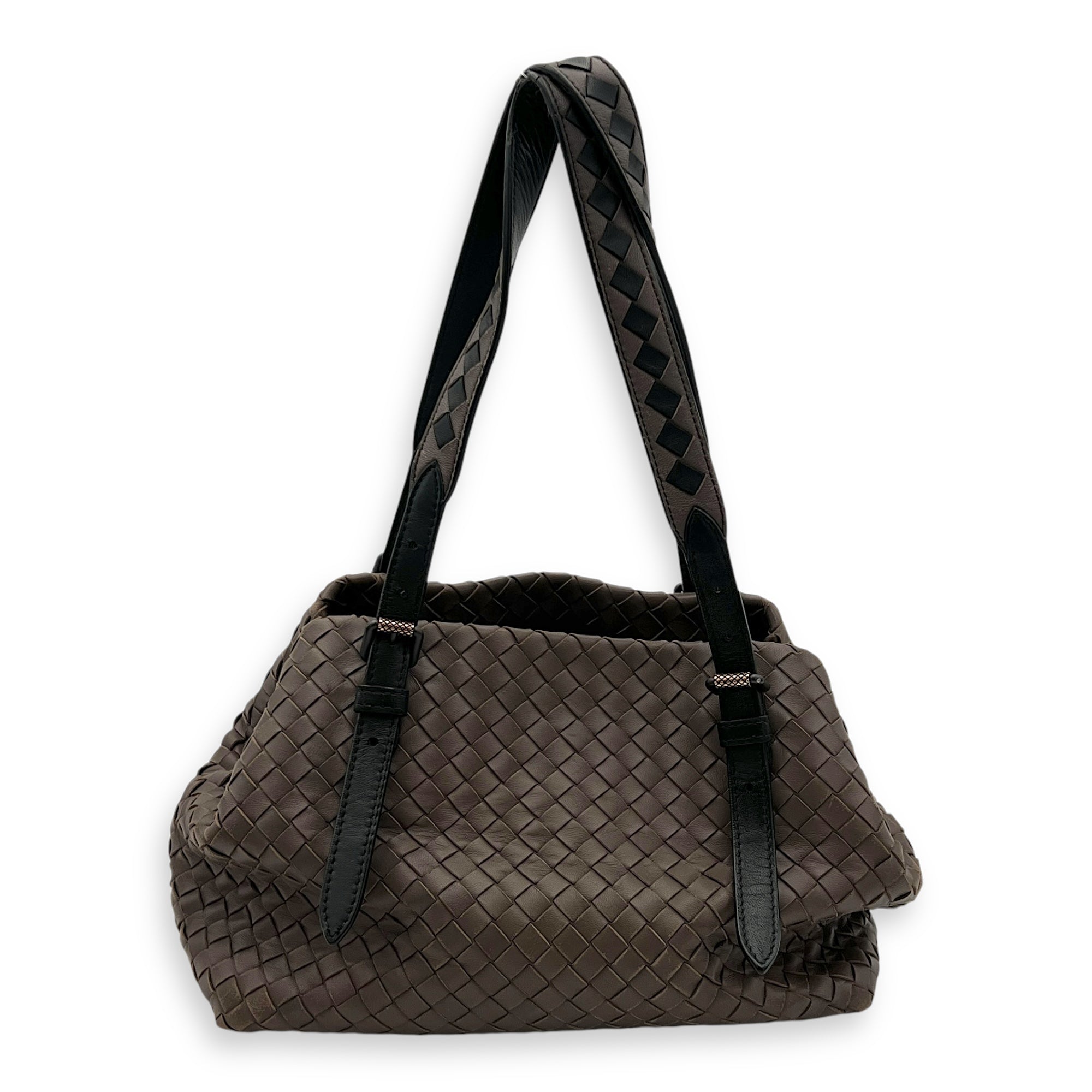 Intrecciato Brown Shoulder Bag in Lambskin, Ruthenium hardware