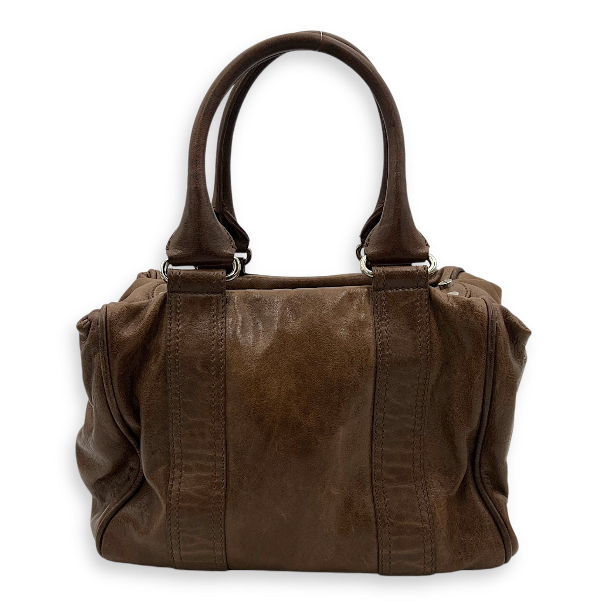 Whistle Brown Top Handle Bag in Goat Leather, Silver hardware