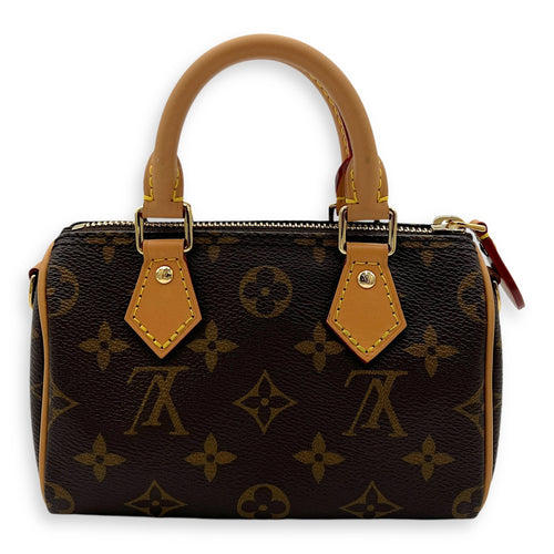 Speedy Nano Brown Top Handle Bag in Monogram Coated Canvas, Gold hardware