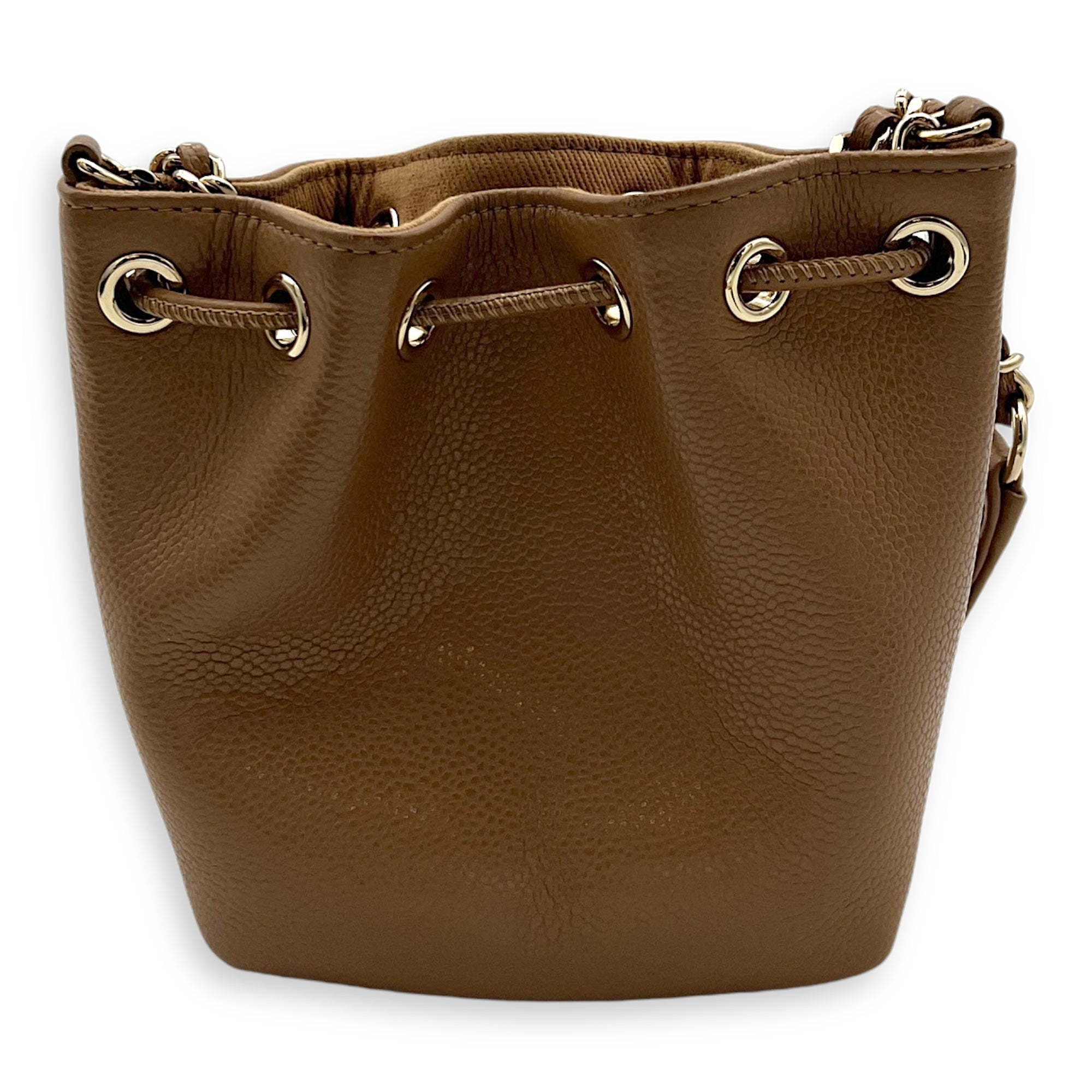 Business Affinity Mini Brown Bucket Bag in Caviar Leather, Gold hardware