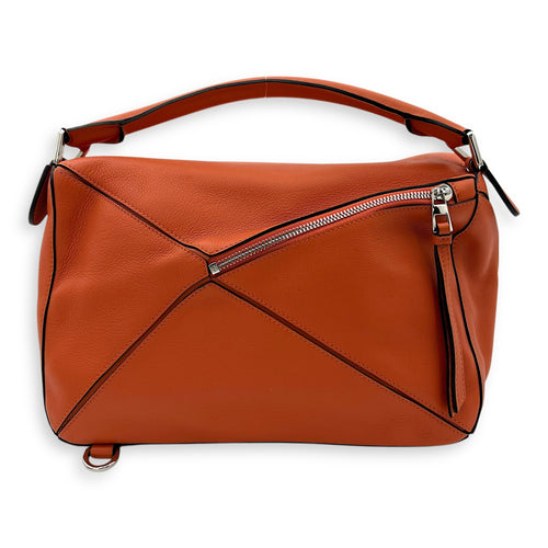 Puzzle Medium Orange Top Handle Bag in Calfskin, Silver hardware