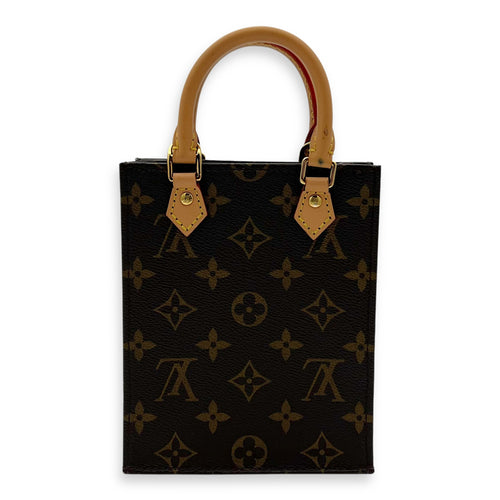 Sac Plat Mini Brown Top Handle Bag in Monogram Coated Canvas, Gold hardware