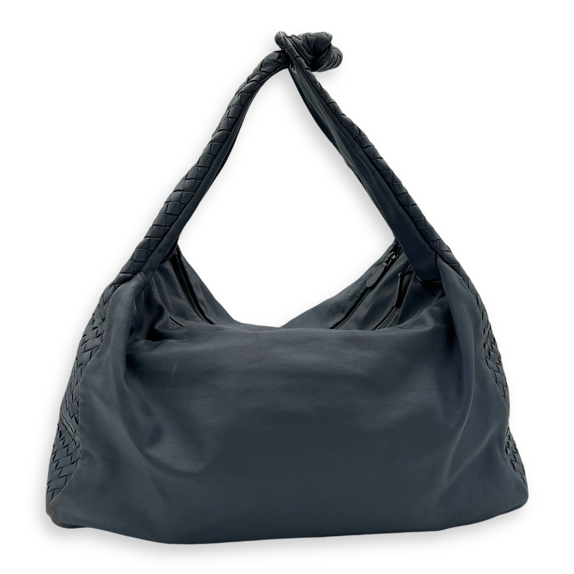 Intrecciato Shoulder Bag Blue in Lambskin, Gunmetal hardware