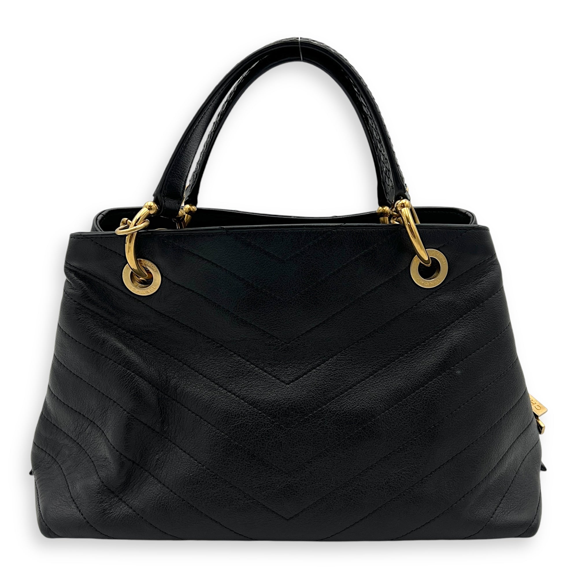 V Stitch Top Handle Bag Black in Calfskin, Gold hardware