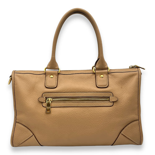 Logo Top Handle Bag Brown in Calfskin, Gold hardware