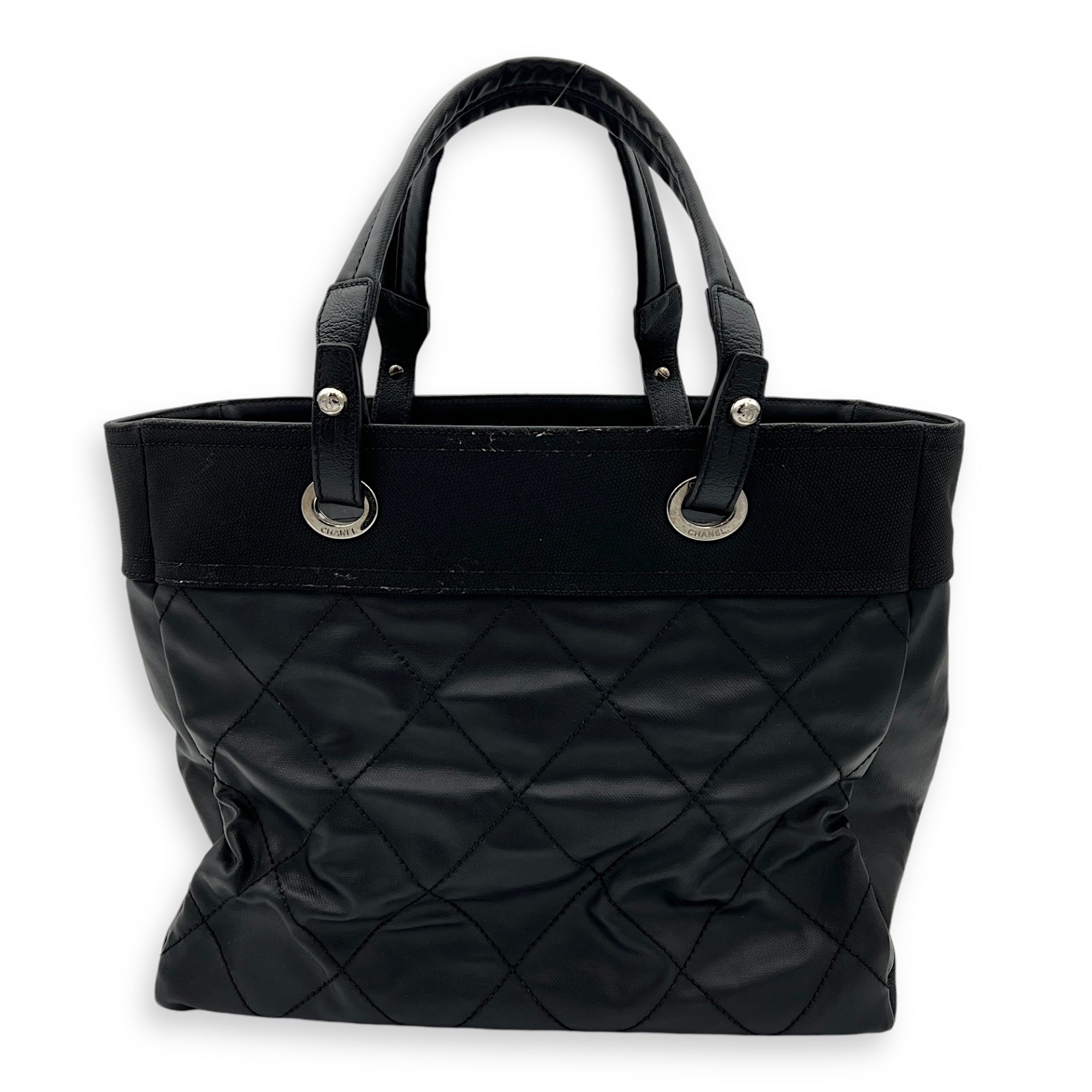 Chanel Biarritz Tote Bag Black in Coated Canvas, Silver hardware_2