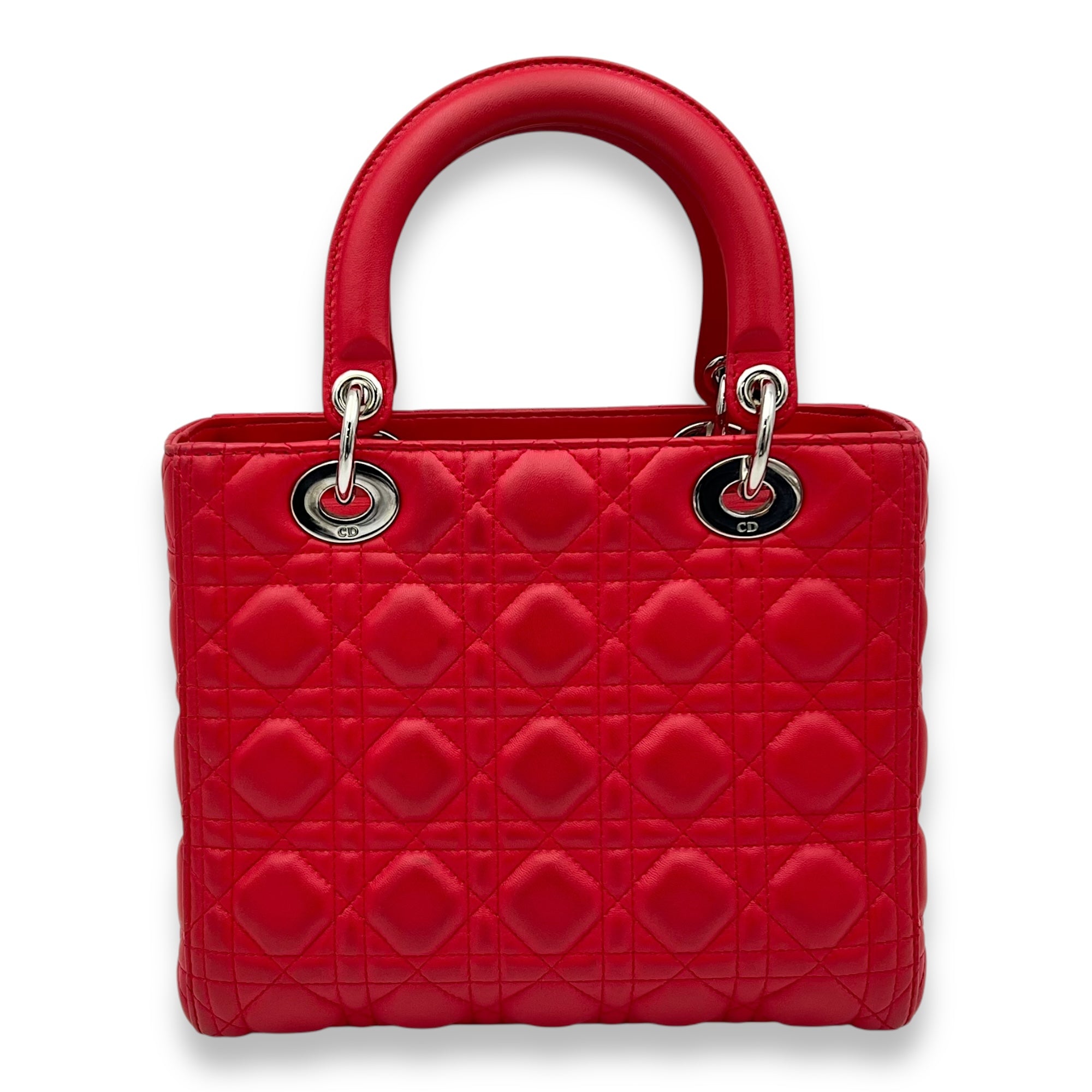 Christian Dior Lady Dior Medium Red Top Handle Bag in Calfskin, Silver hardware_2