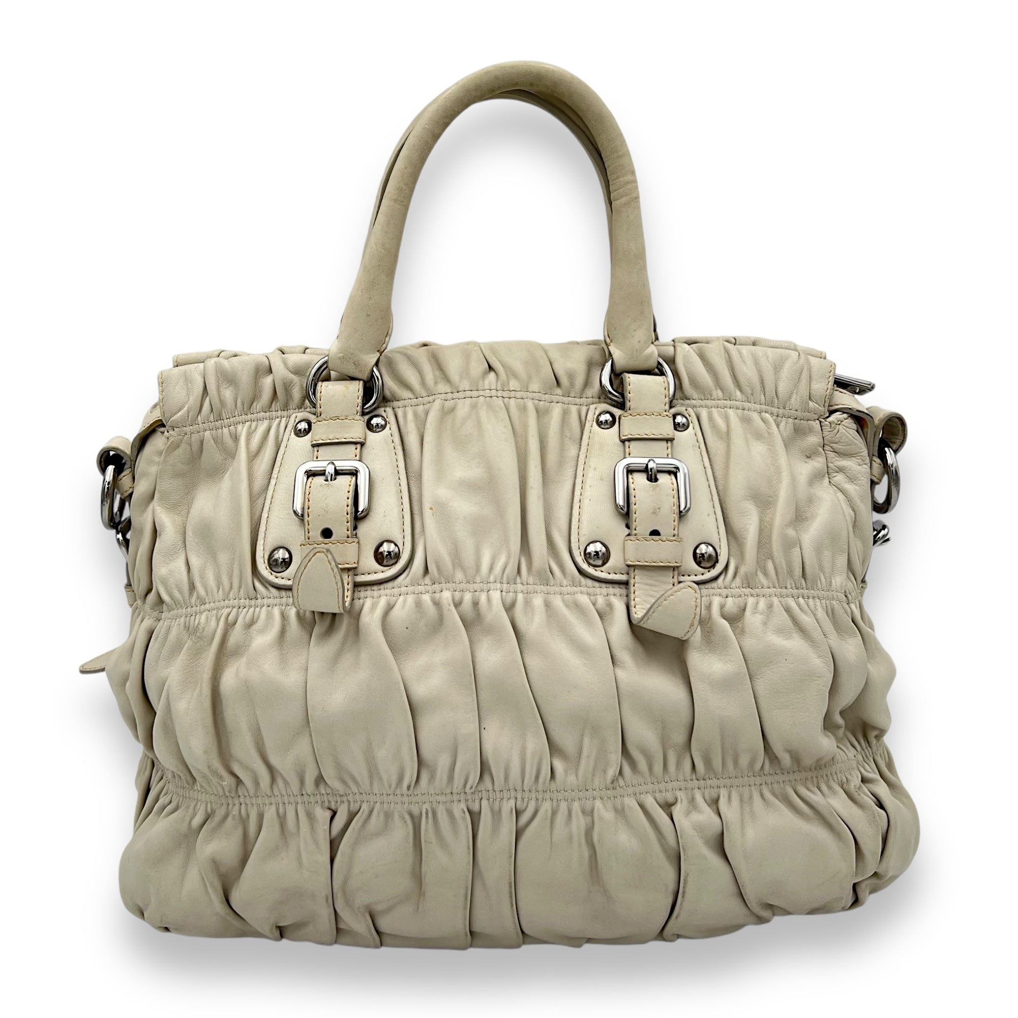 Prada Gaufre Beige Top Handle Bag in Lambskin, Silver hardware_2