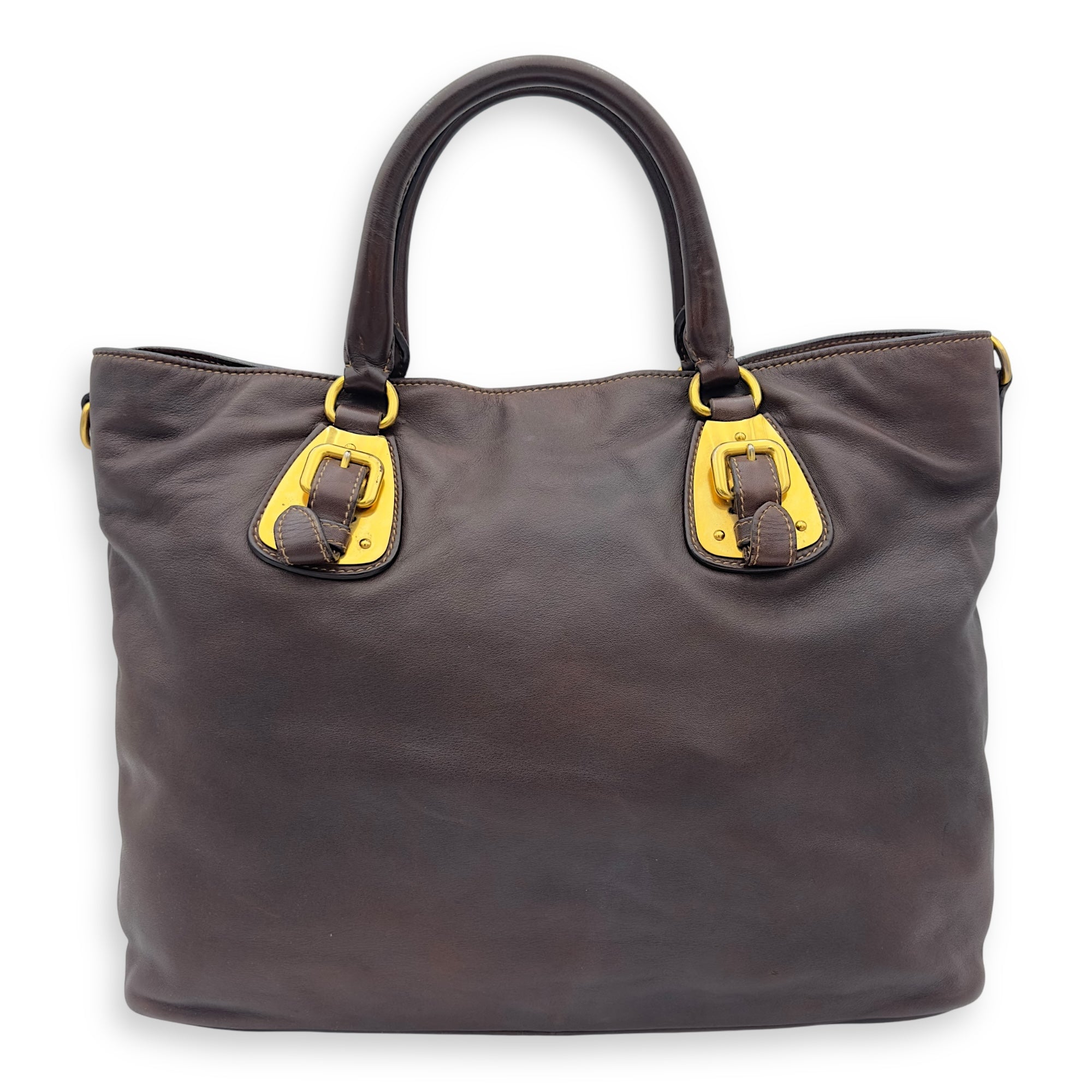 Prada Logo Brown Top Handle Bag in Calfskin, Gold hardware_2