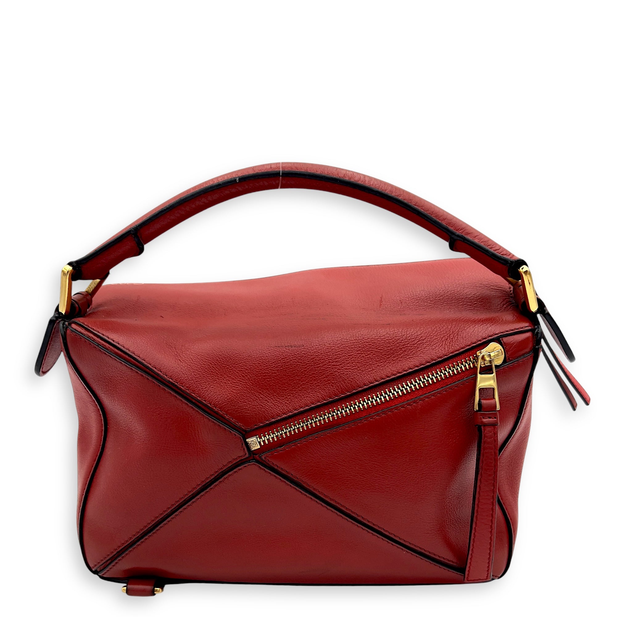 Loewe Puzzle Small Red Top Handle Bag in Calfskin, Gold hardware_2