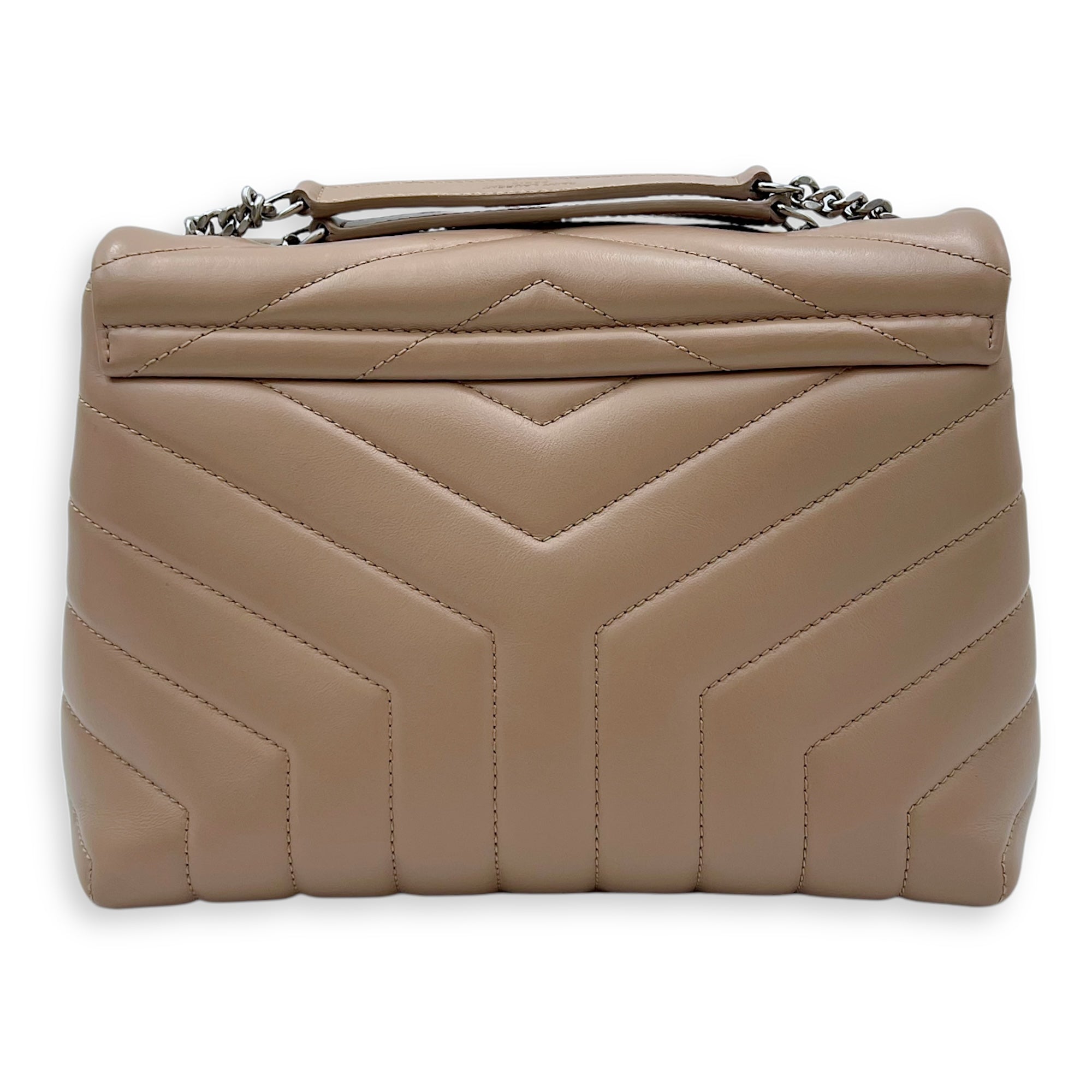 Saint Laurent Loulou Small Beige Shoulder Bag in Calfskin, Silver hardware_2