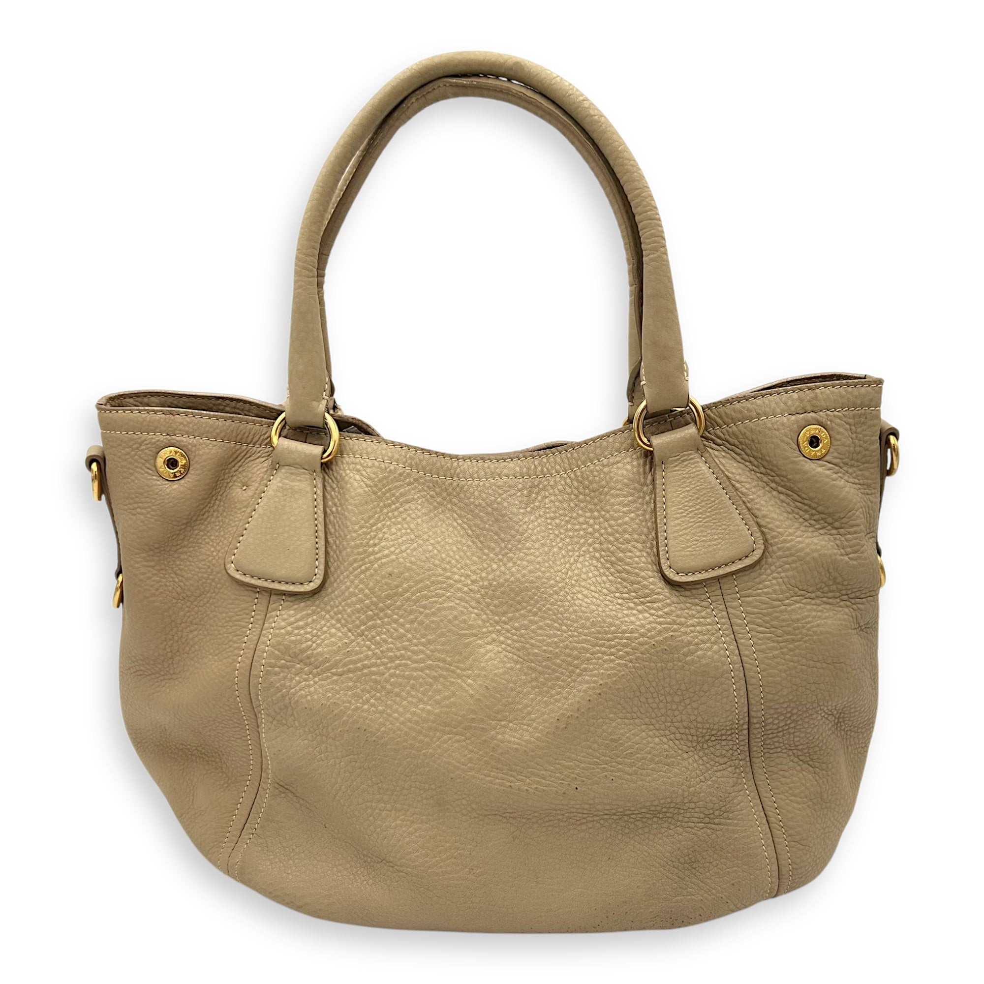 Prada Logo Top Handle Bag Beige in Calfskin, Gold hardware_2