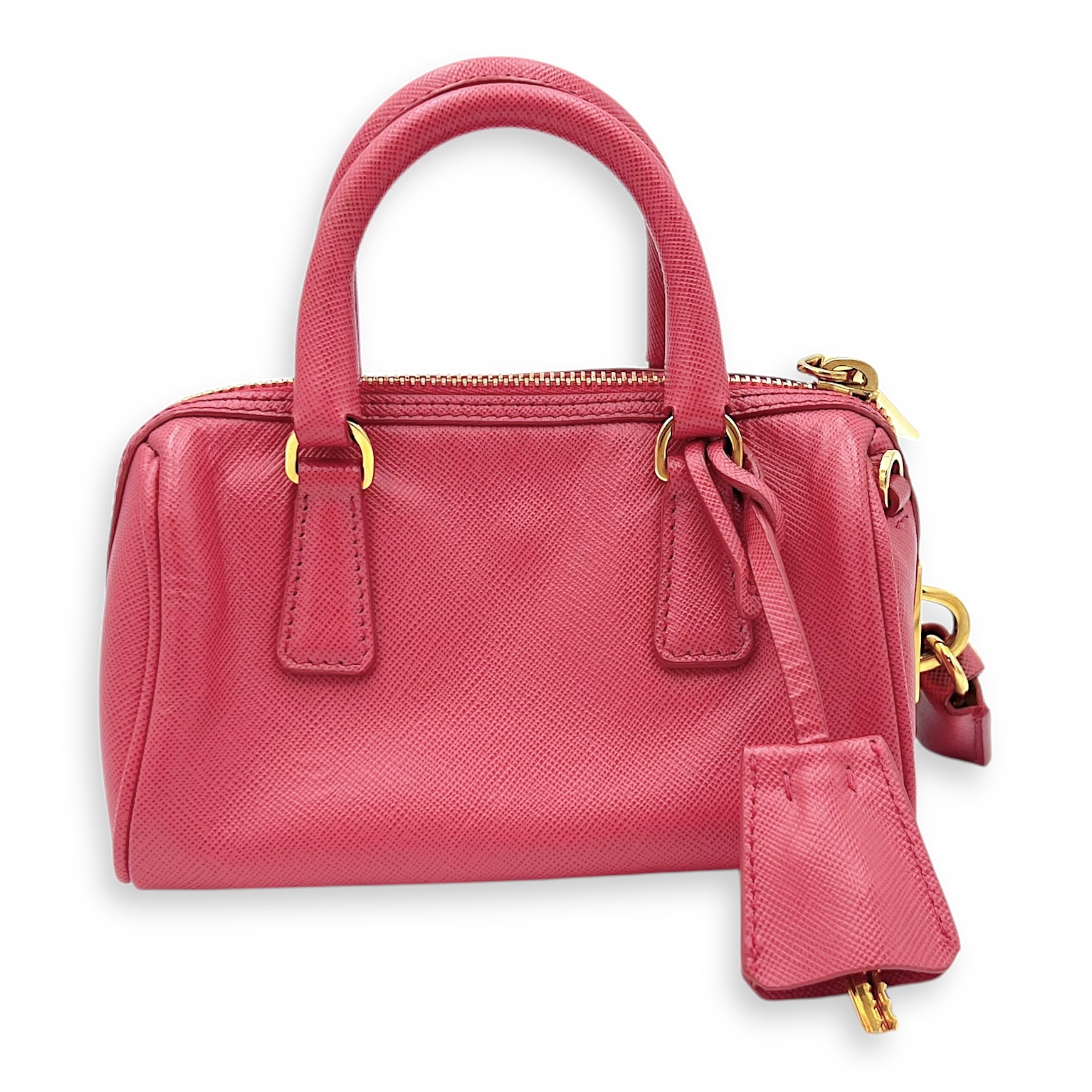 Prada Convertible Bowler Boston Mini Pink Top Handle Bag in Saffiano Leather, Gold hardware_2