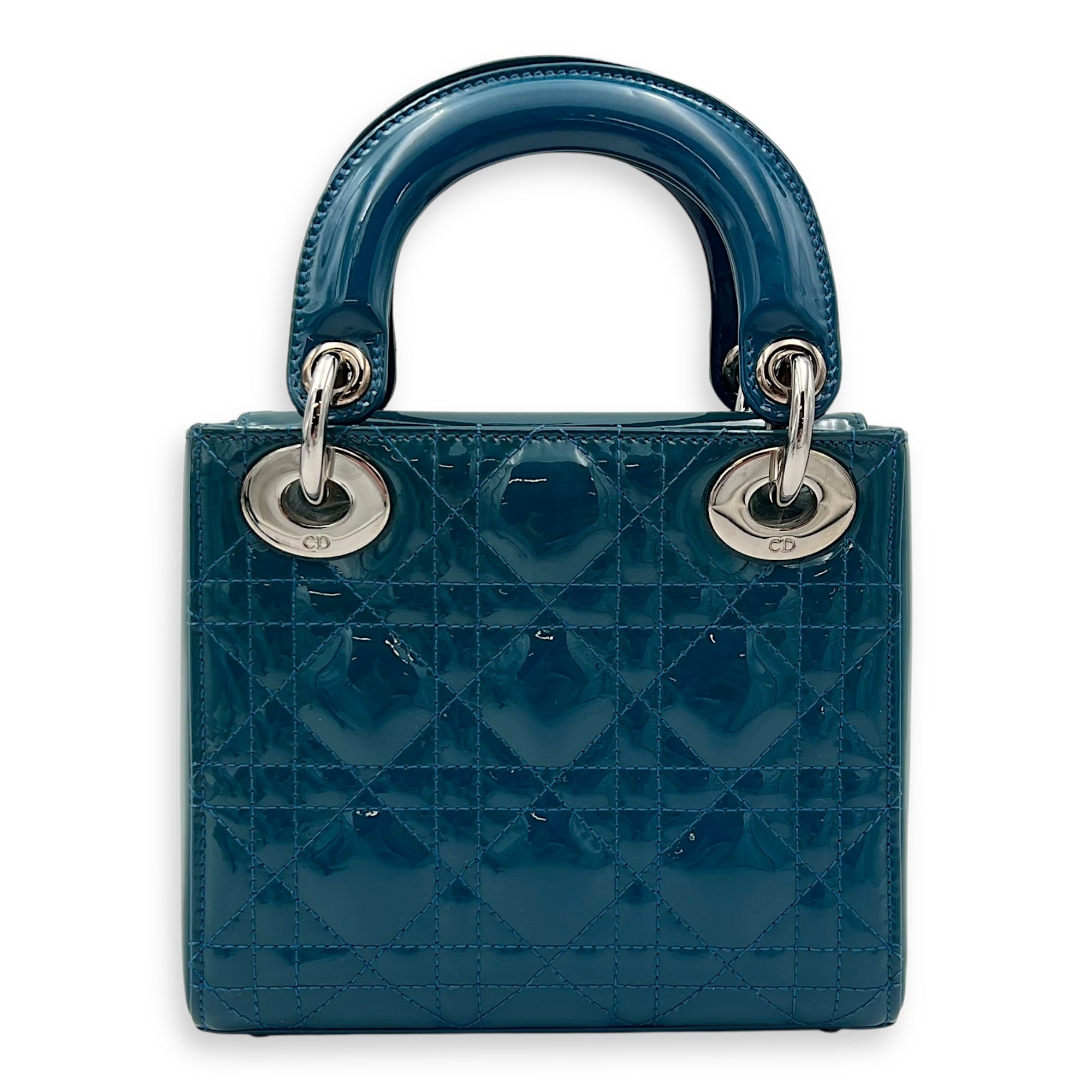 Christian Dior Lady Dior Mini Blue Top Handle Bag in Patent Leather, Silver hardware_2