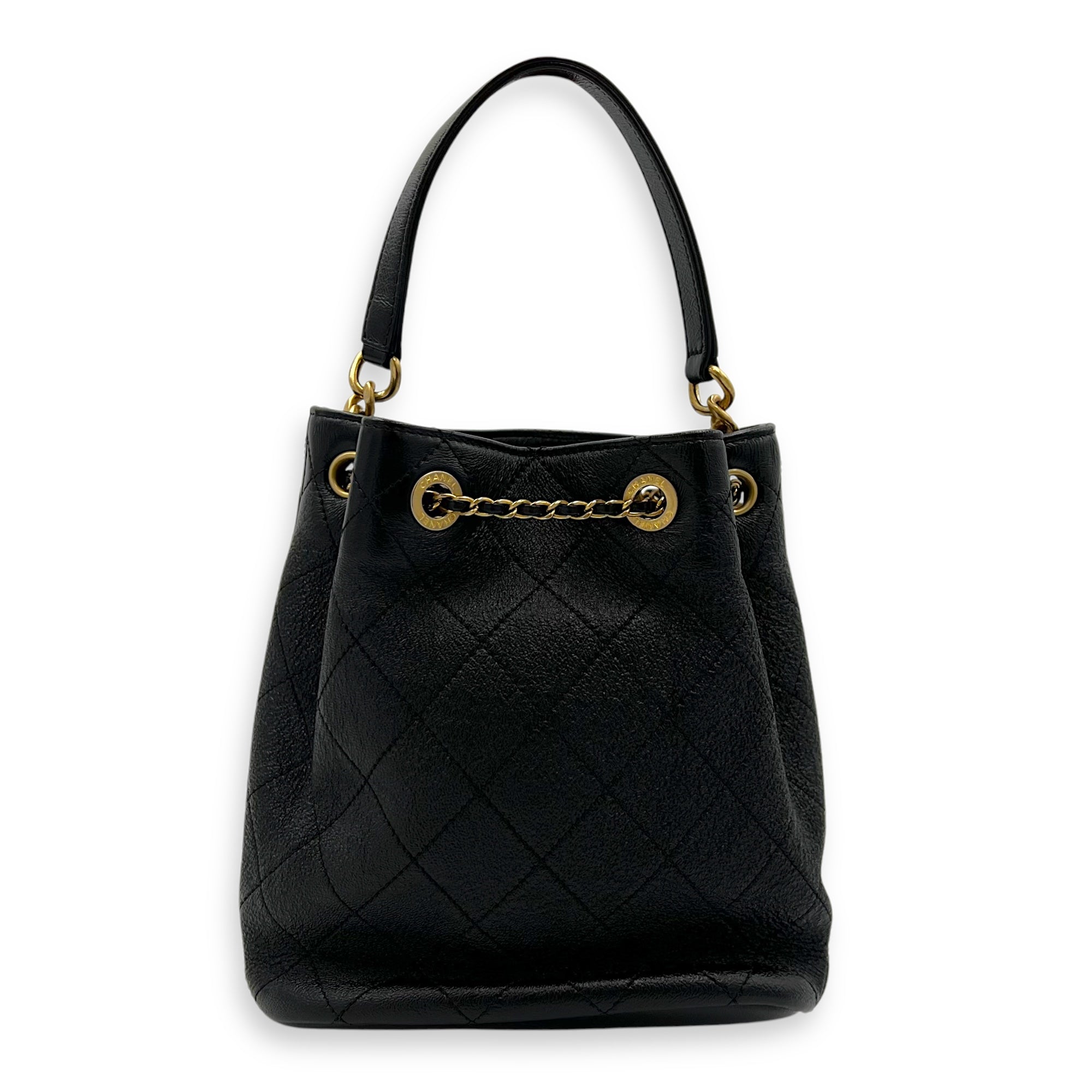 Chanel Quilted Drawstring CC Black Bucket Bag in Calfskin, Gold hardware_2