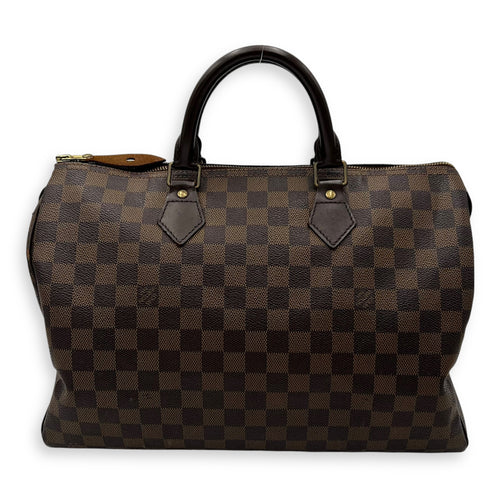 Louis Vuitton Speedy Top Handle Bag 35 Damier Ebene in Coated Canvas, Gold hardware_2