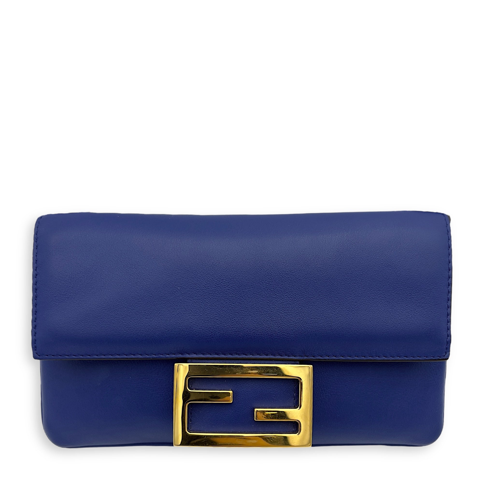 Fendi Baguette Blue Crossbody Bag in Calfskin, Gold hardware