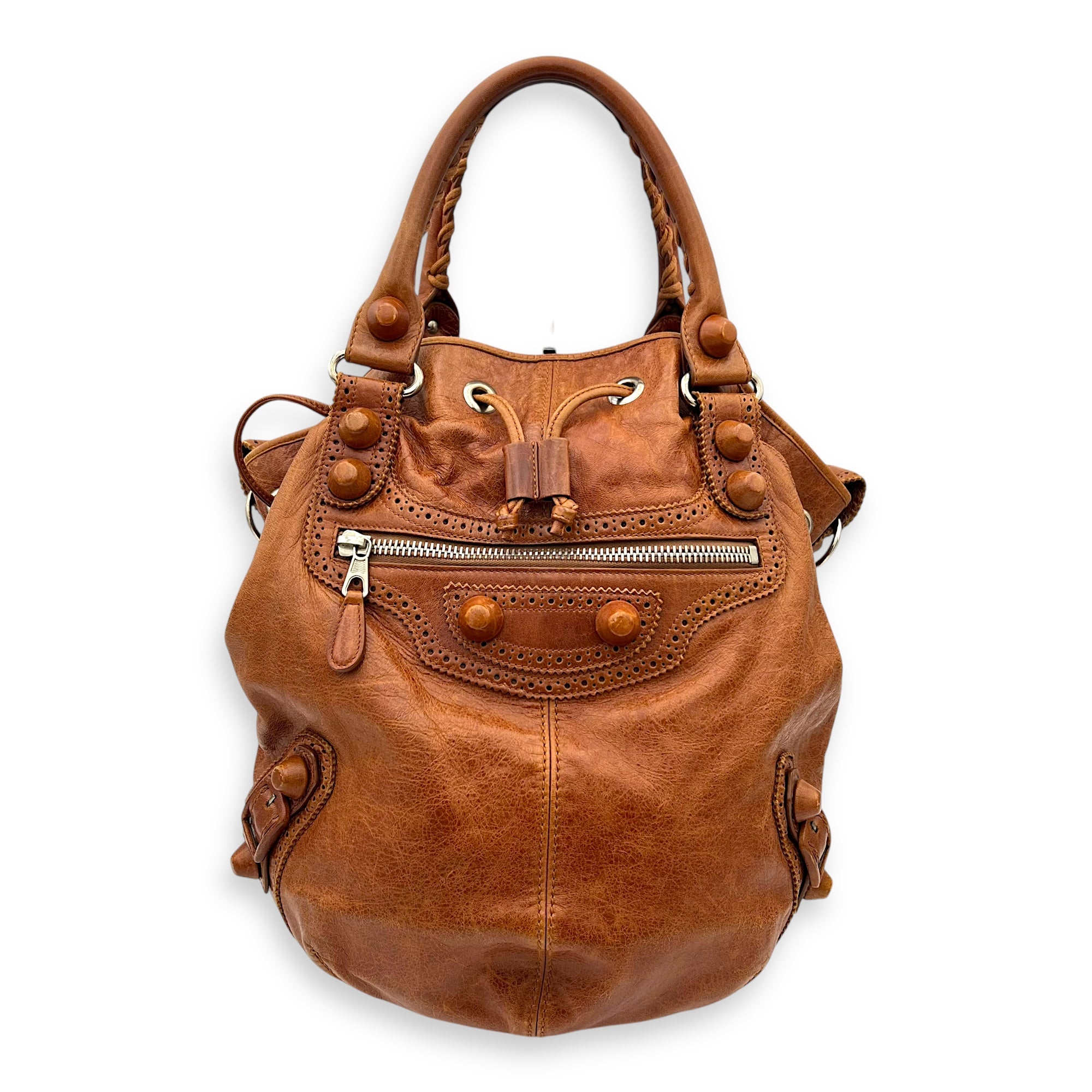 Balenciaga PomPon Shoulder Bag Brown in Distressed Leather, Silver hardware_2