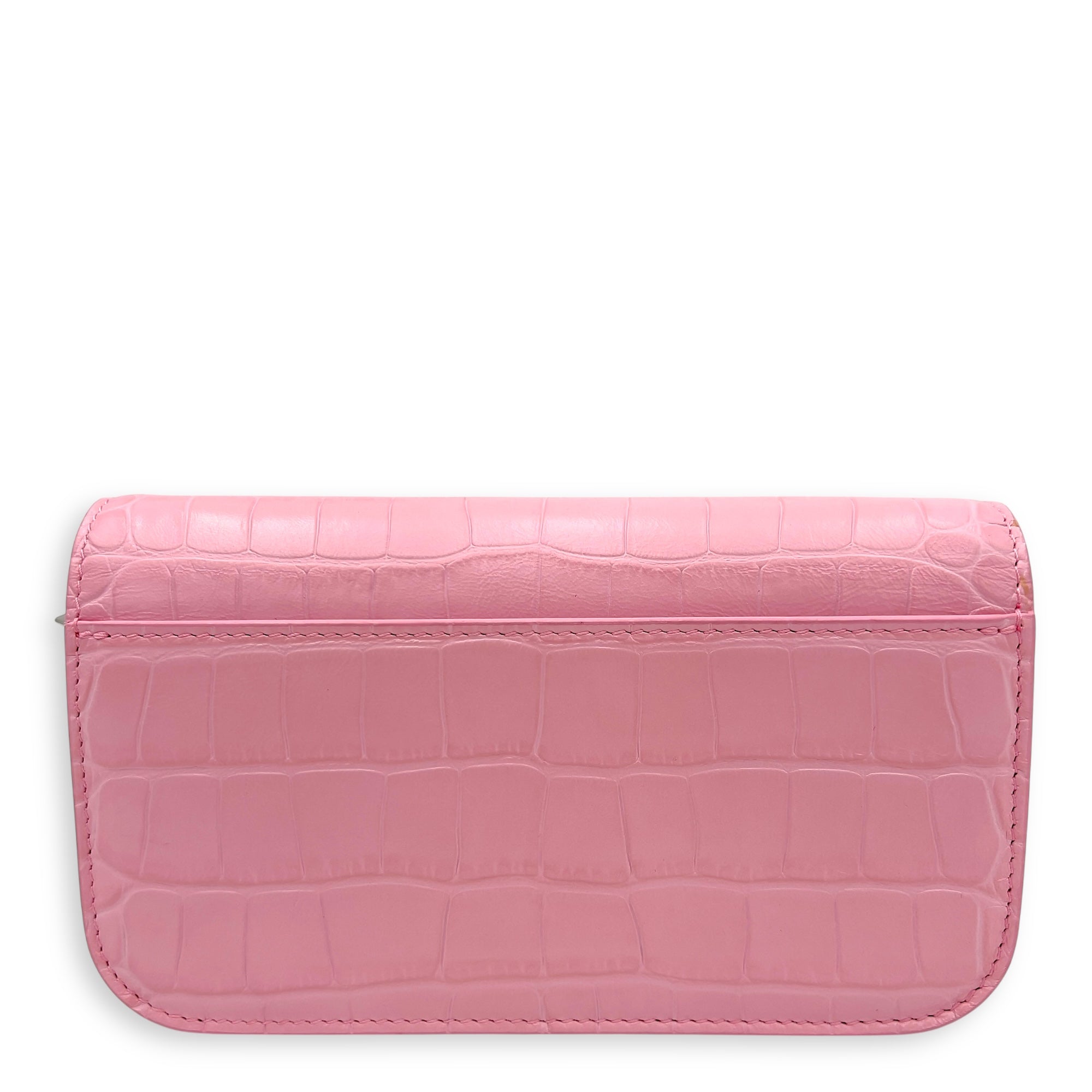 Balenciaga Gossip Pink Wallet On Chain in Crocodile Embossed Calfskin, Silver hardware_2