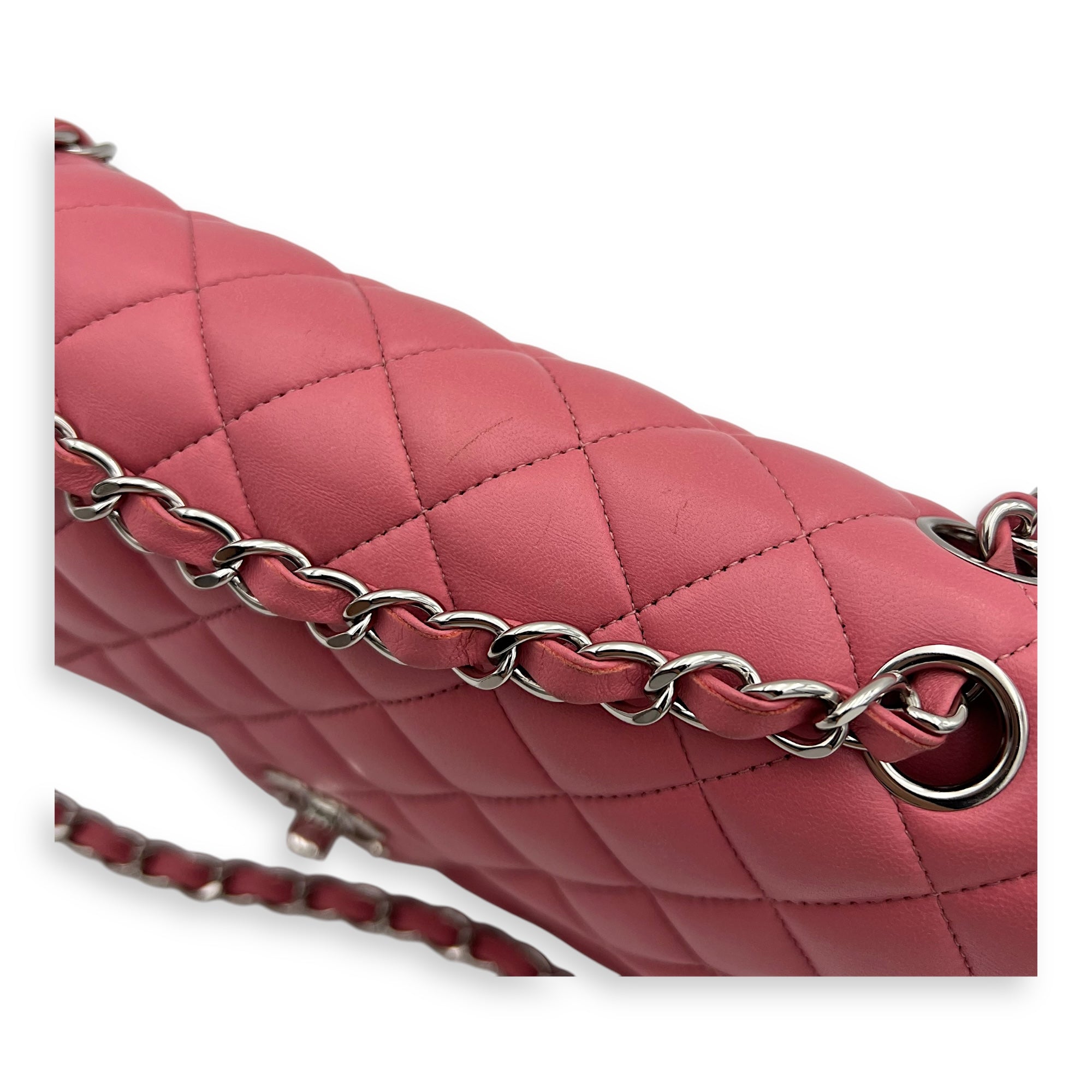 Chanel Classic Medium Pink Shoulder Bag in Lambskin, Silver hardware_13