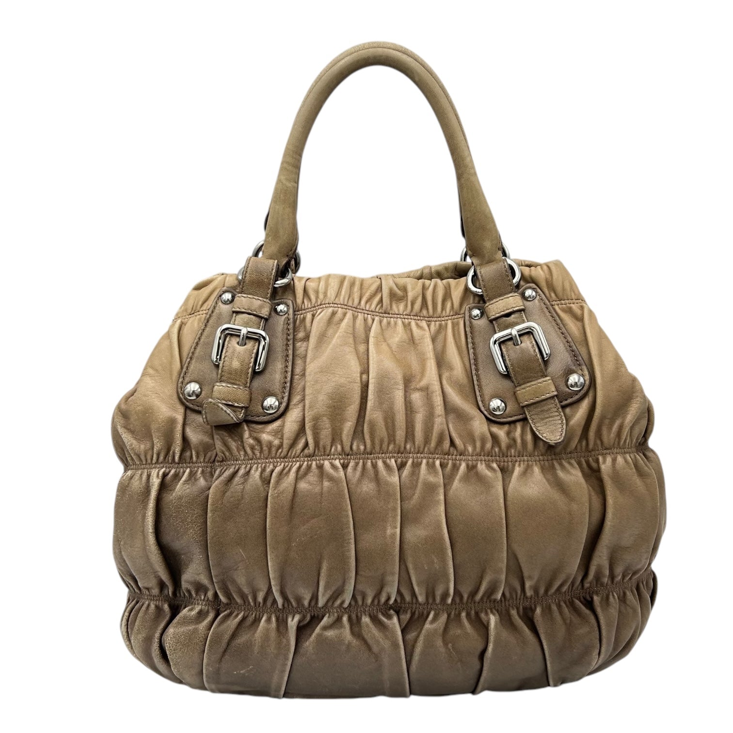 Prada Gaufre Top Handle Bag Brown in Calfskin, Silver hardware_2