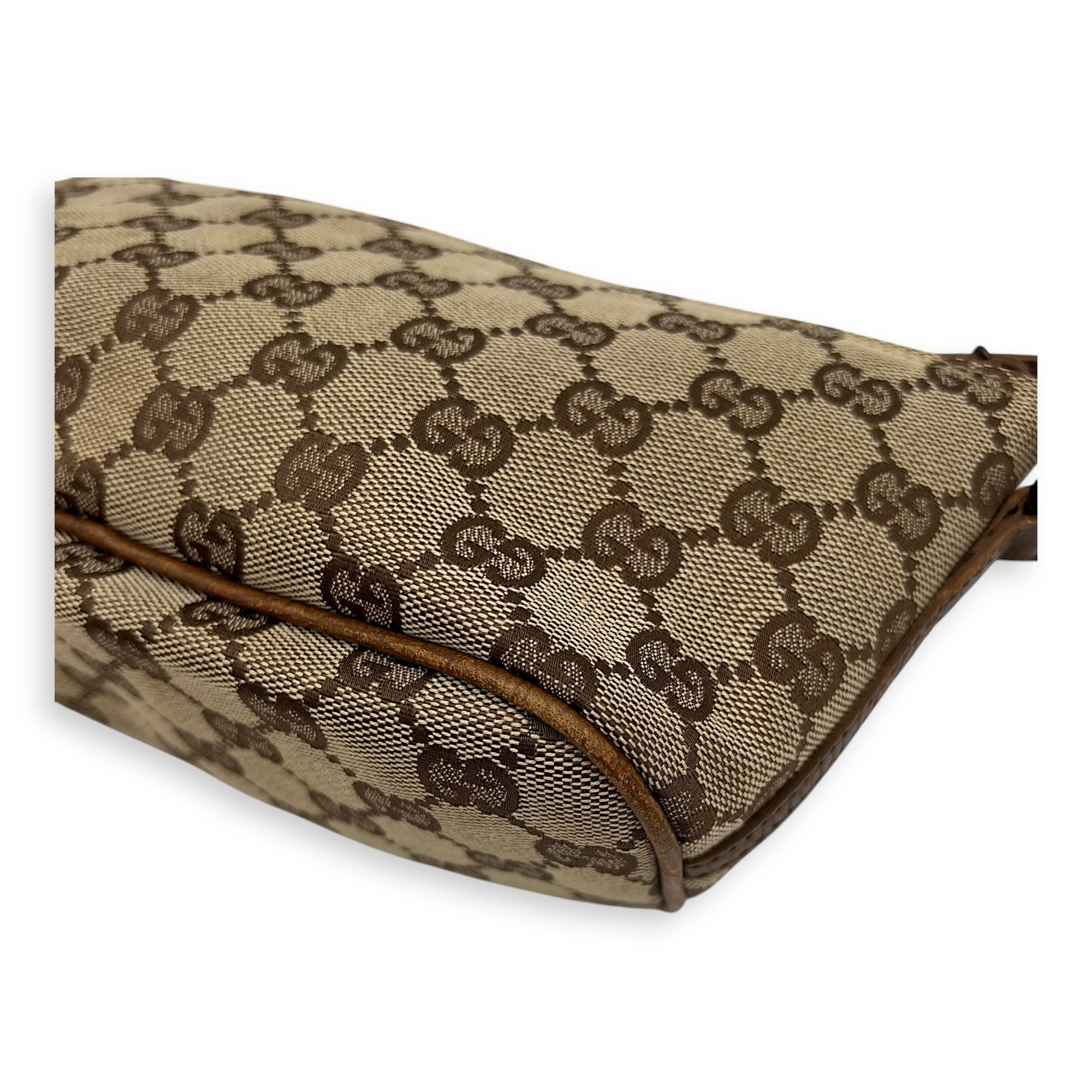Gucci Boat Pochette Top Handle Bag Brown in Canvas, Gold hardware_9