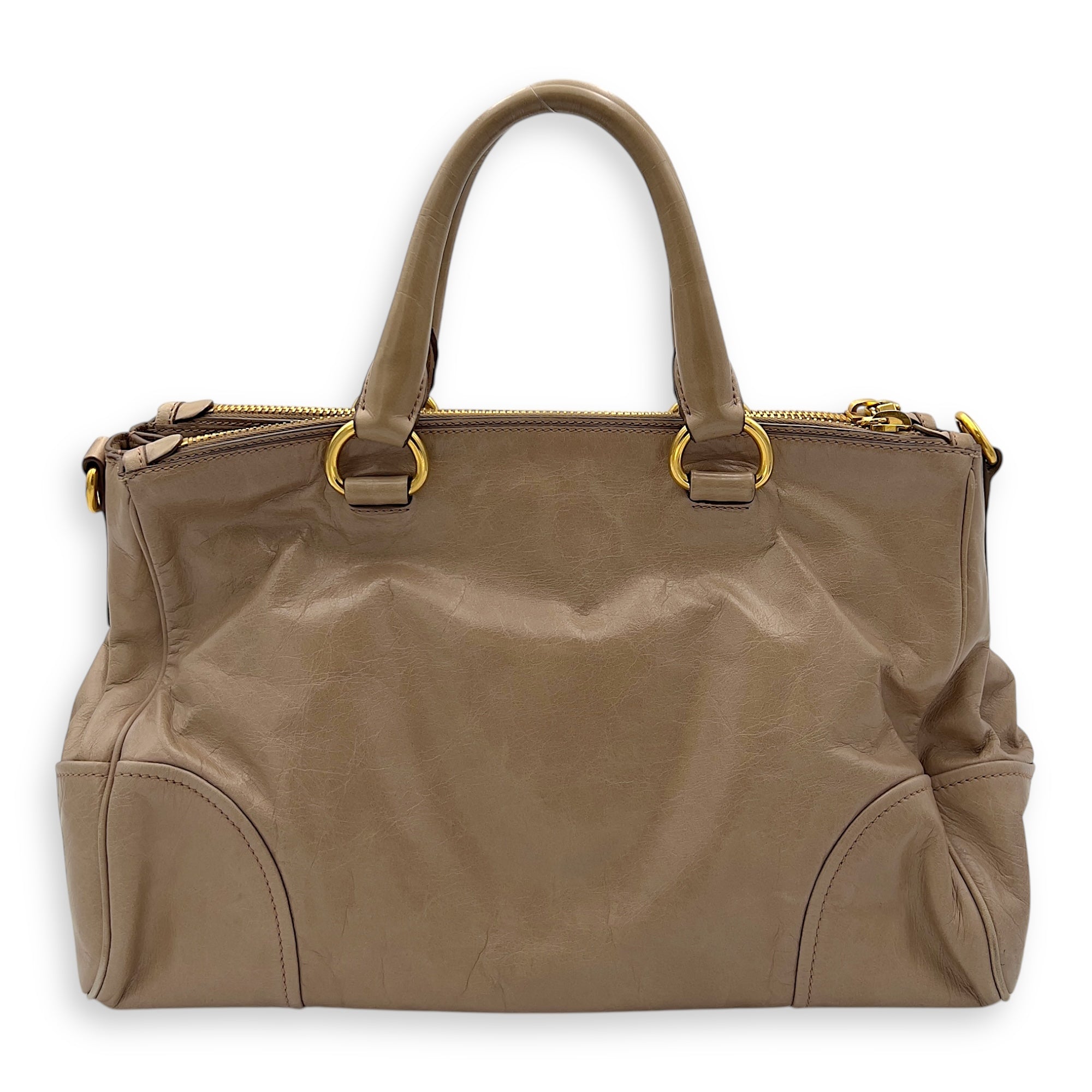 Prada Logo Top Handle Bag Beige in Calfskin, Gold hardware_2