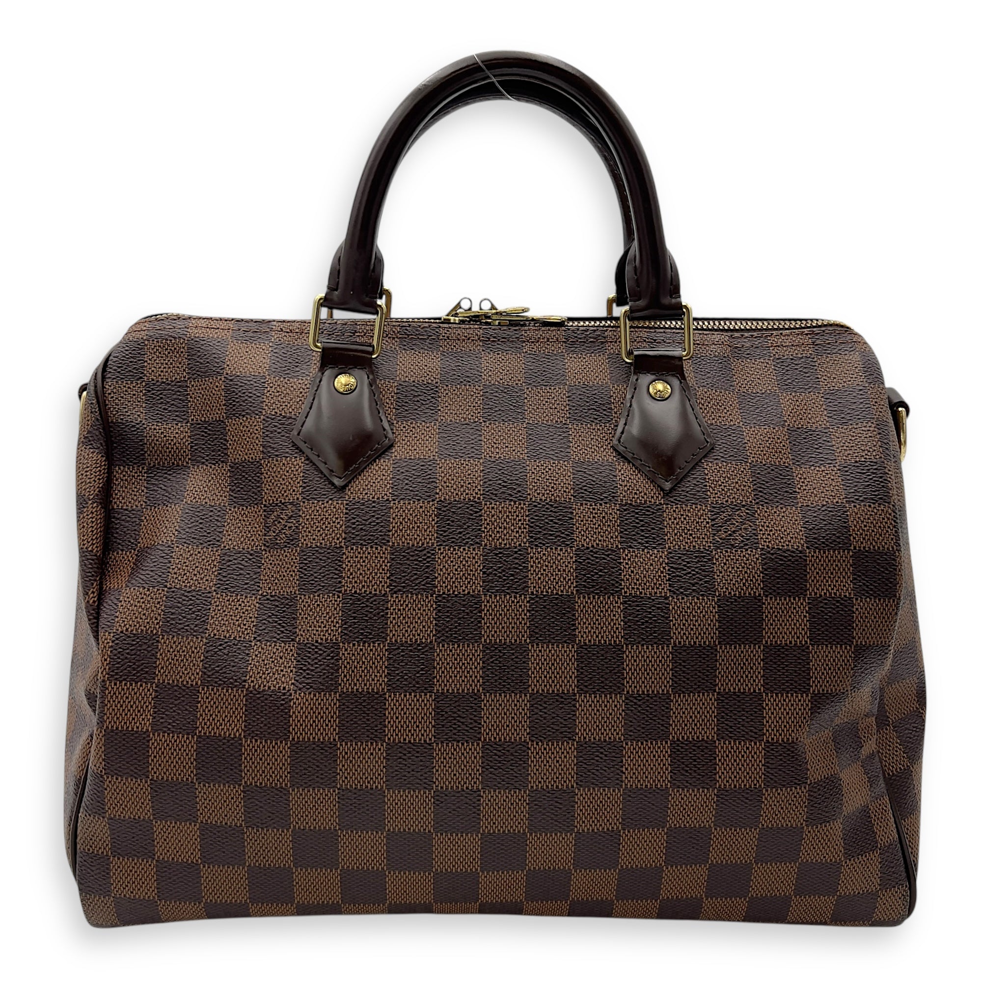Louis Vuitton Speedy Bandouliere Top Handle Bag 30 Damier in Coated Canvas, Gold hardware_2