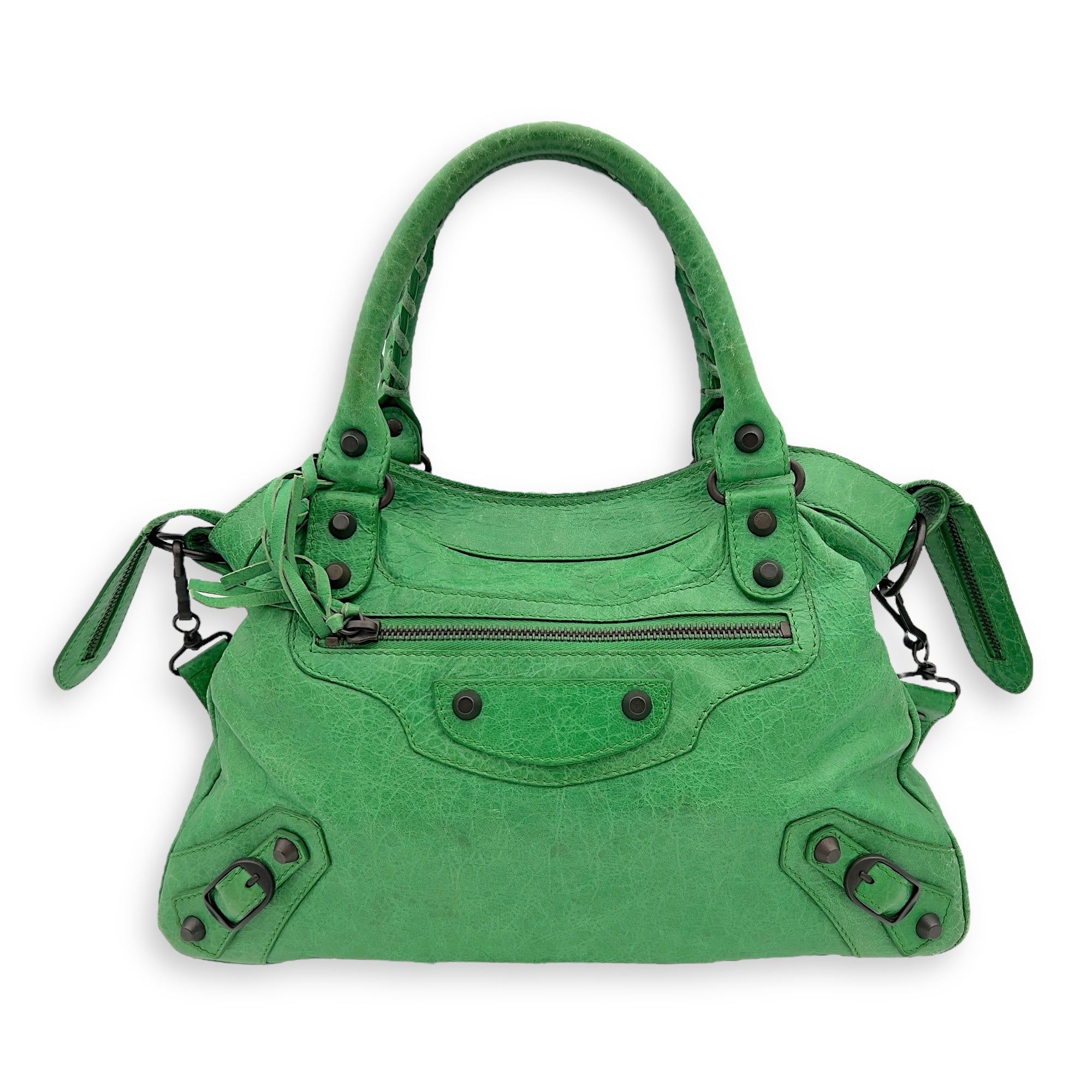 Balenciaga Motorcycle Town Green Top Handle Bag in Distressed Leather, Gunmetal hardware_2