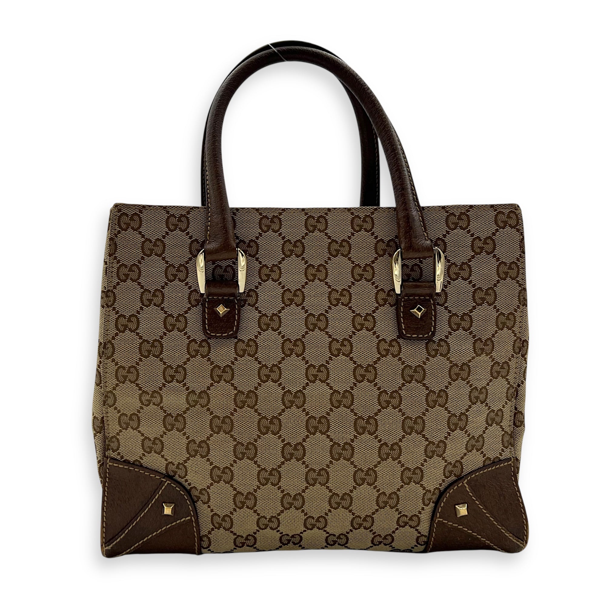 Gucci Nailhead Brown Top Handle Bag in Canvas, Gold hardware_2