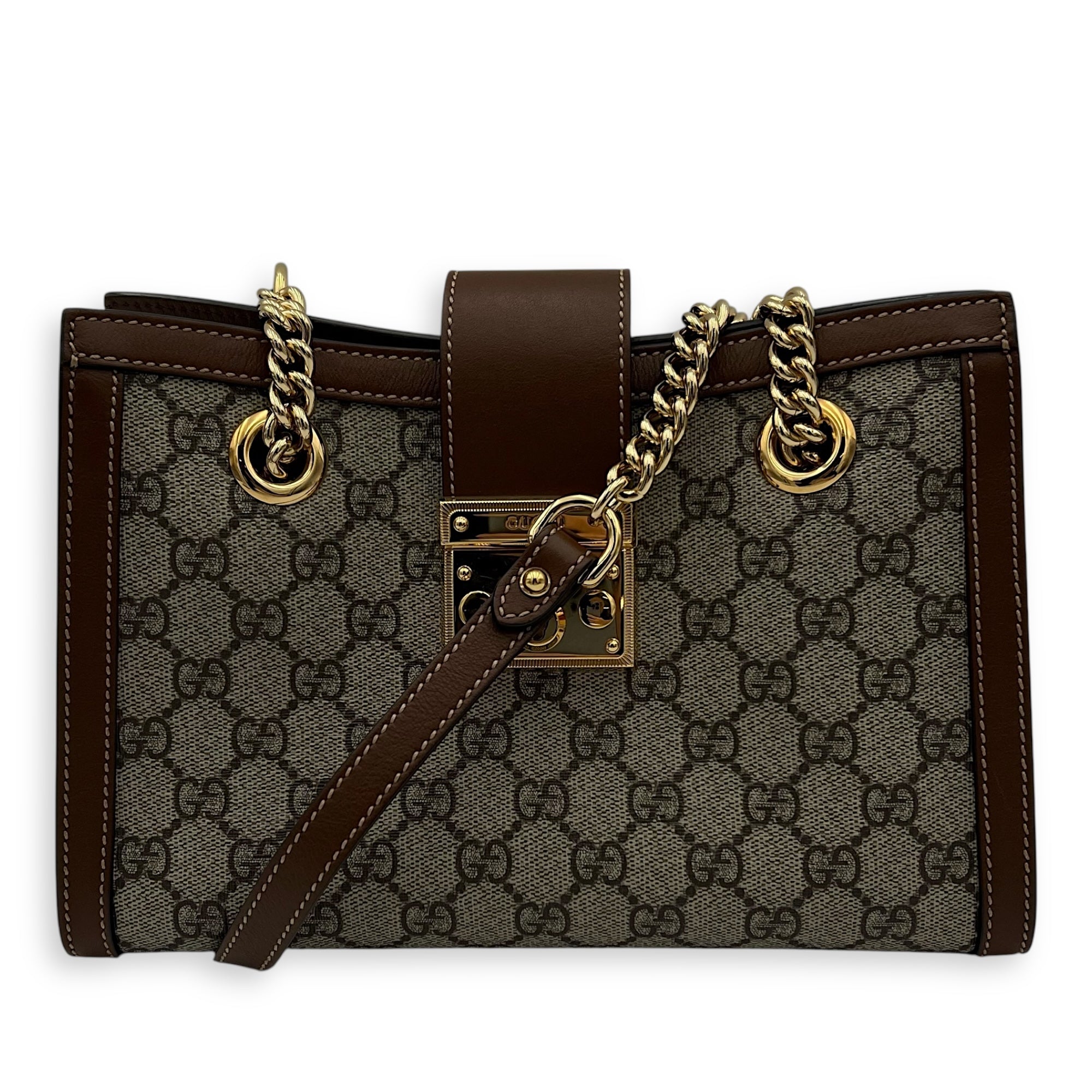 Gucci Padlock Brown Shoulder Bag in Coated Canvas, Gold hardware_9