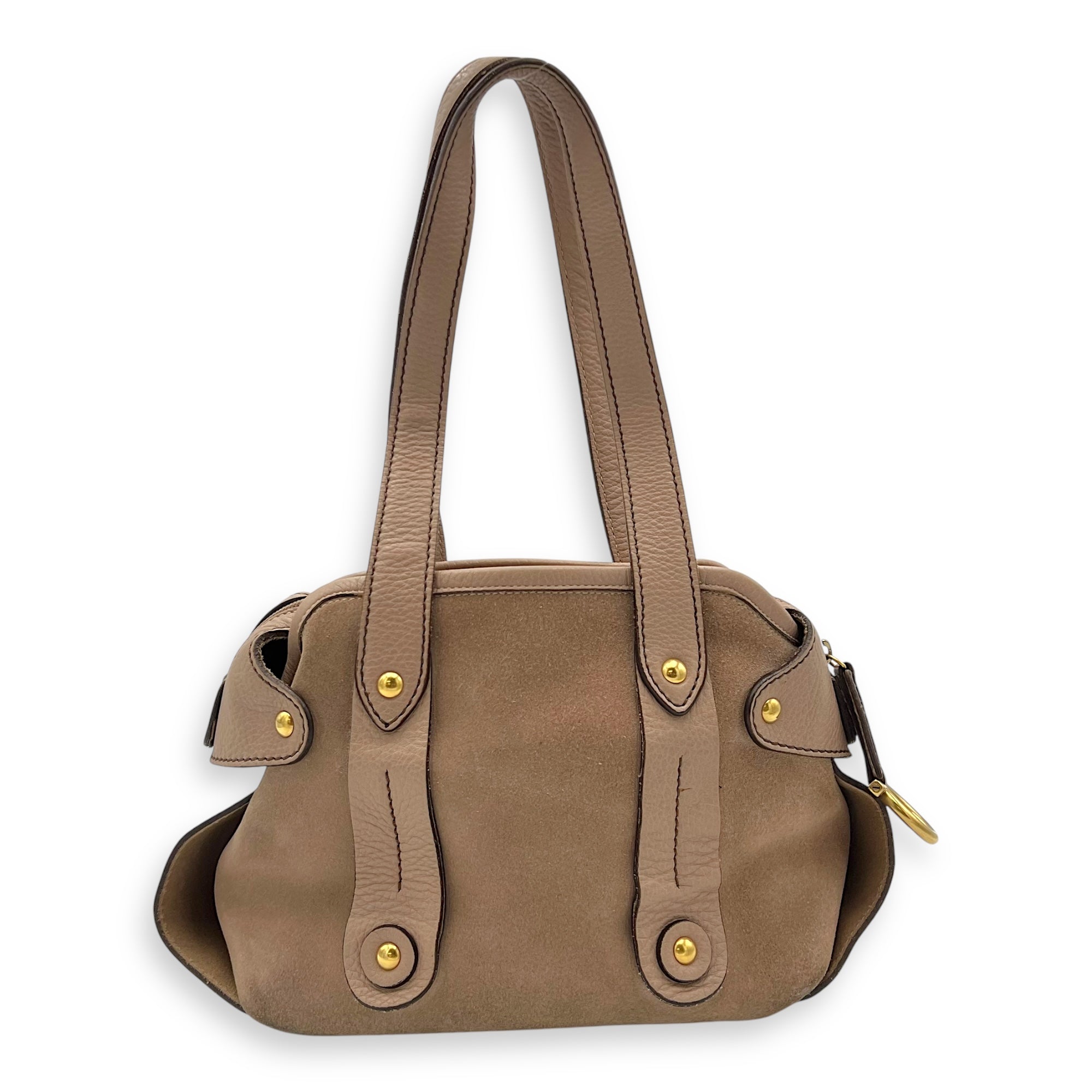 Salvatore Ferragamo Gancini Shoulder Bag Beige in Suede Leather, Gold hardware_2