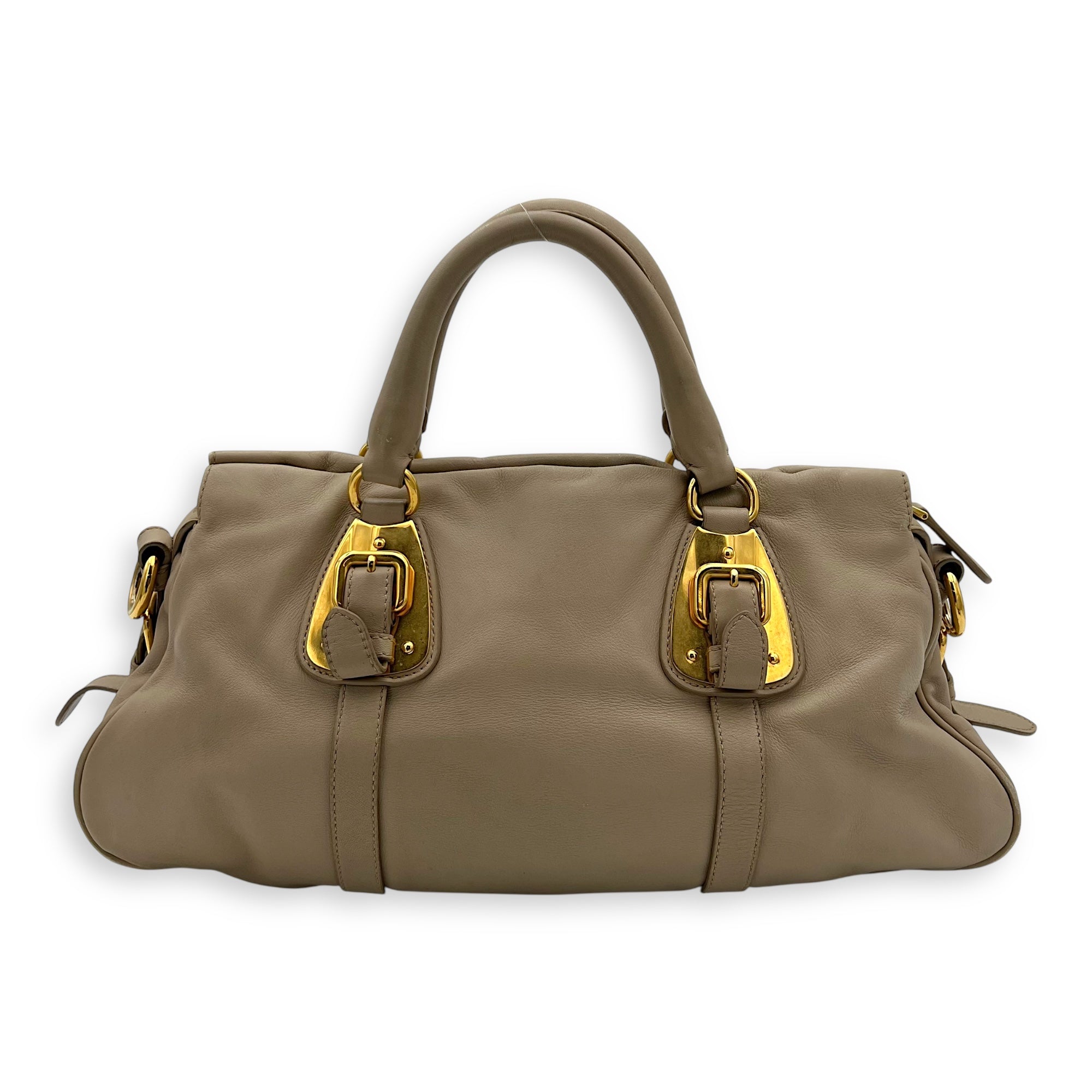 Prada Logo Top Handle Bag Beige in Calfskin, Gold hardware_2