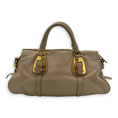 Prada Logo Top Handle Bag Beige in Calfskin, Gold hardware_2