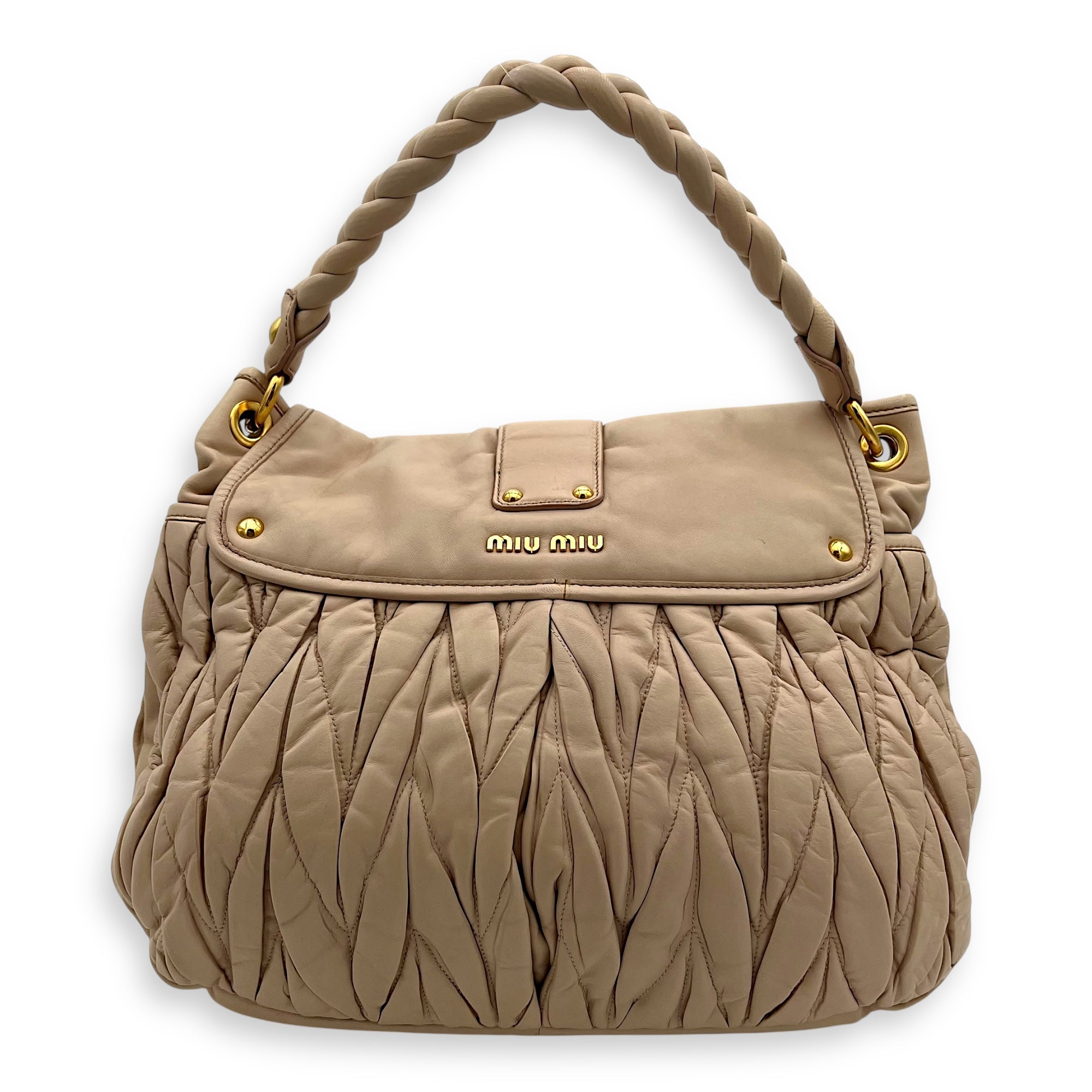 Miu Miu Gaufre Shoulder Bag Beige in Calfskin, Gold hardware_2