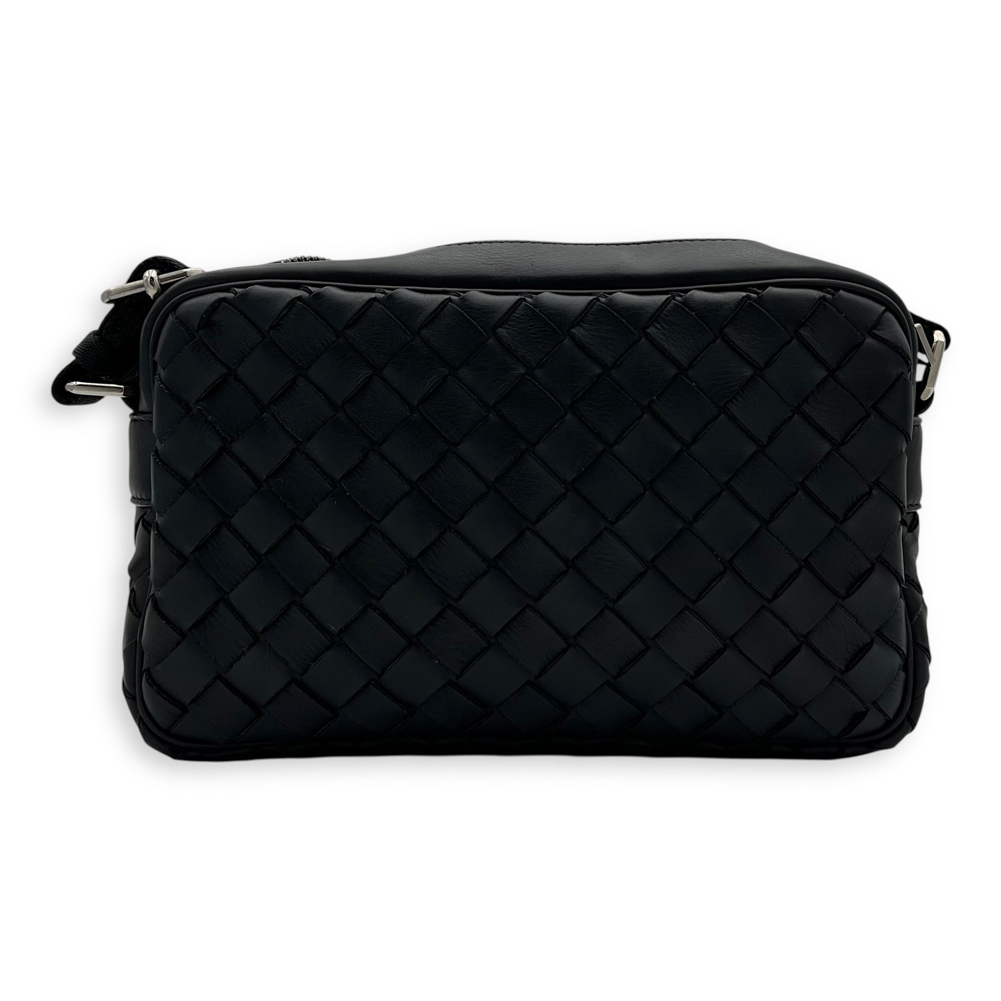 Bottega Veneta Intrecciato Crossbody Bag Black in Calfskin, Ruthenium hardware_2