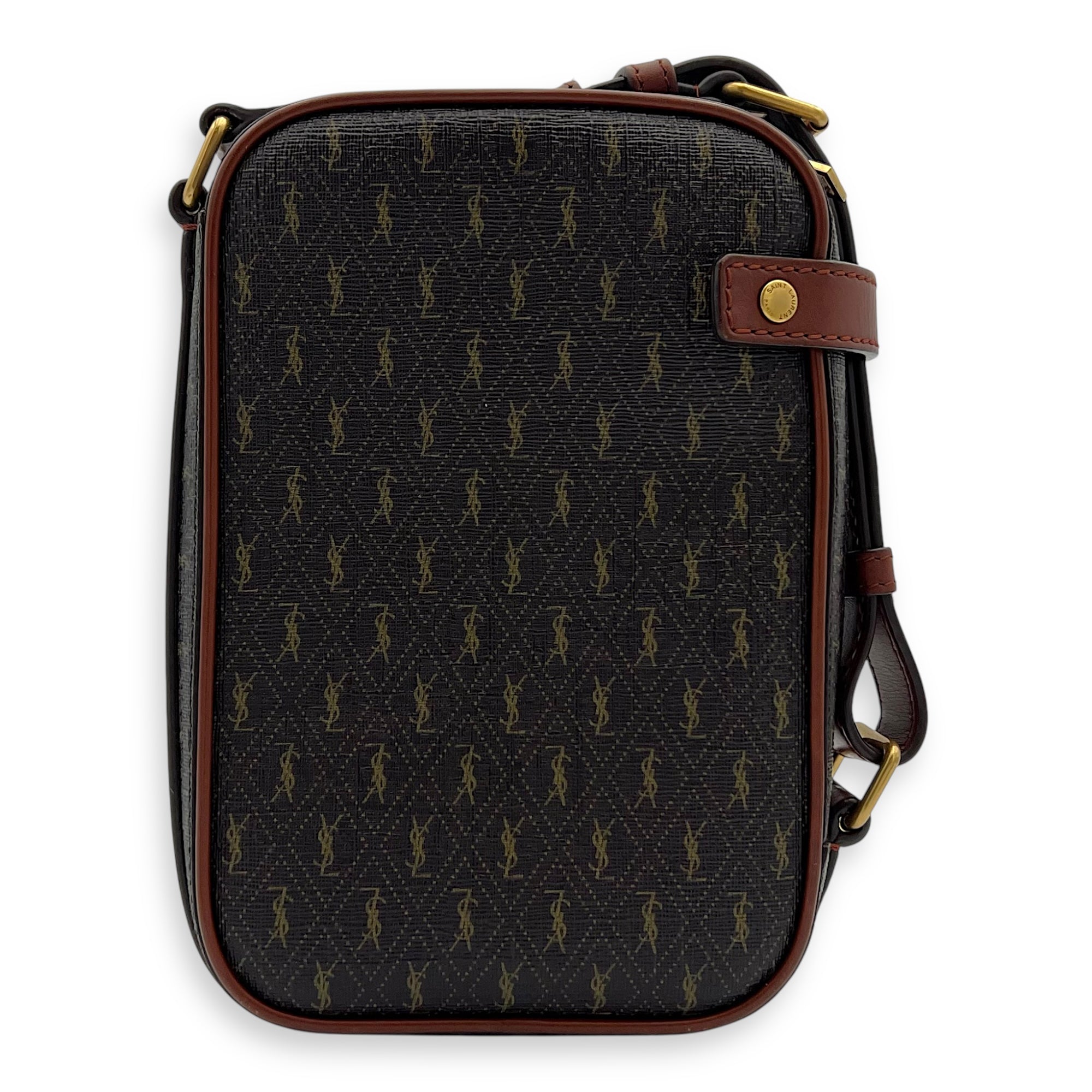 Saint Laurent Logo Crossbody Bag Brown in Coated Canvas, Gold hardware_2