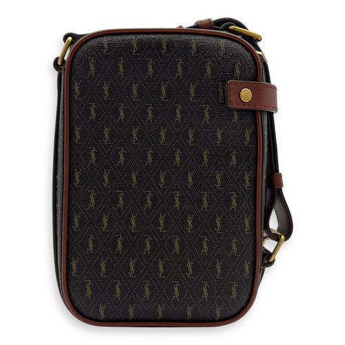 Saint Laurent Logo Crossbody Bag Brown in Coated Canvas, Gold hardware_2