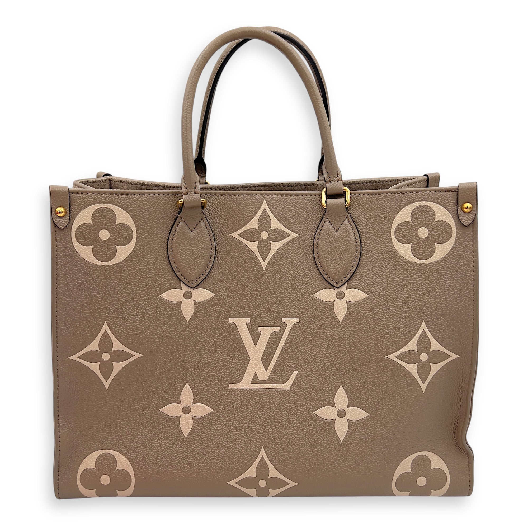 Louis Vuitton OnTheGo MM Beige Top Handle Bag in Empreinte Leather, Gold hardware_2