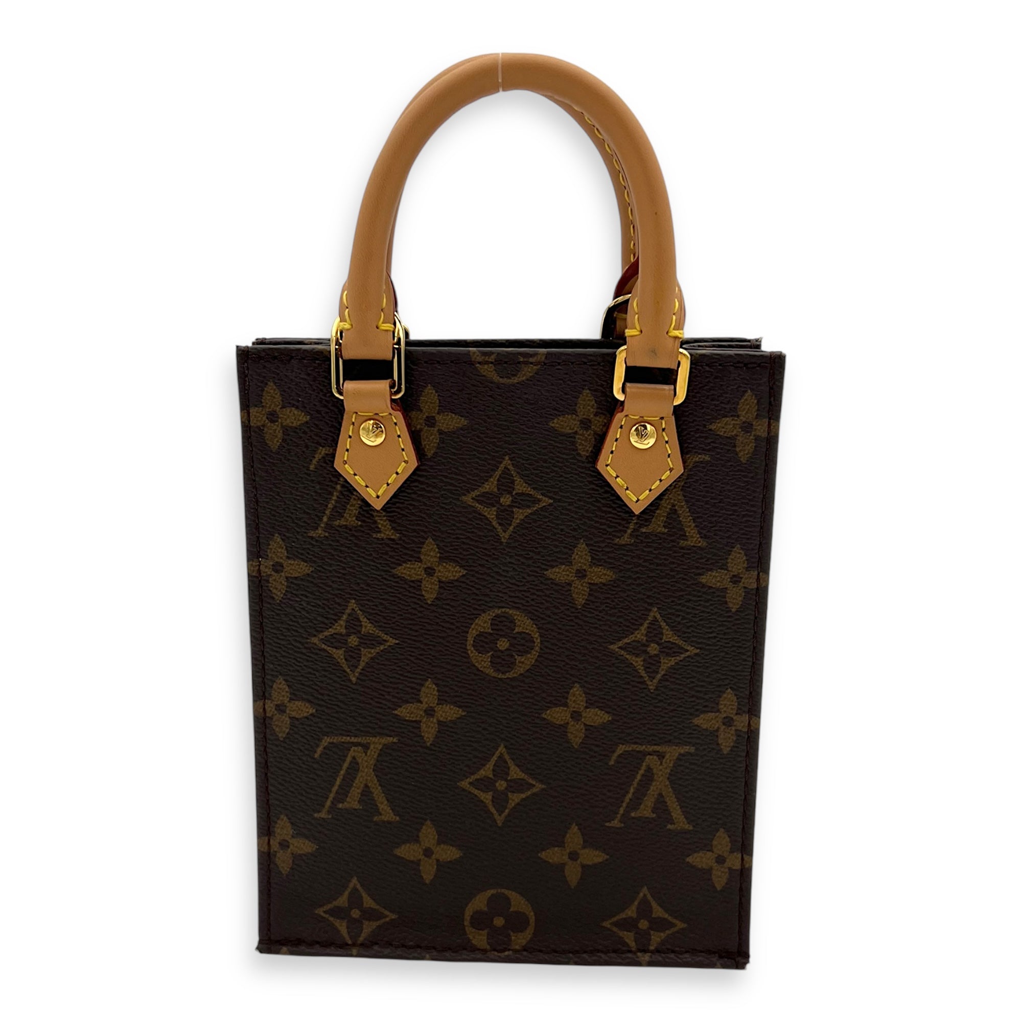 Louis Vuitton Sac Plat Top Handle Bag Petite Brown in Monogram Coated Canvas, Gold hardware_9
