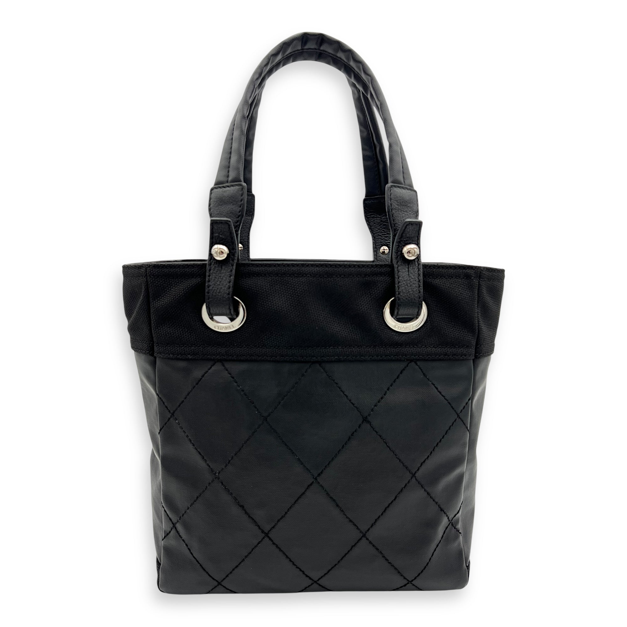 Chanel Paris Biarritz Shoulder Bag Black in Coated Canvas, Silver hardware_7