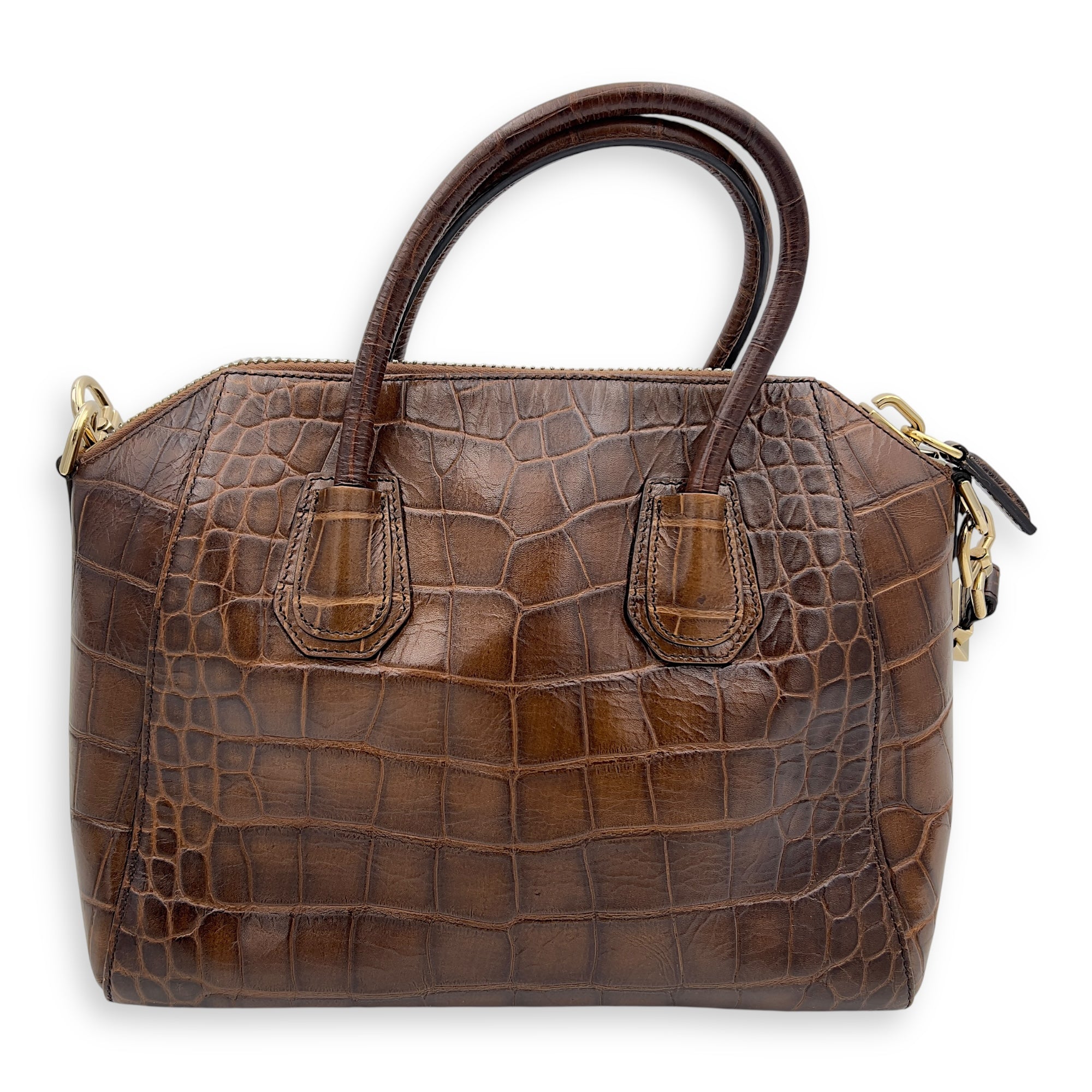 Givenchy Antigona Small Brown Top Handle Bag in Crocodile Embossed Calfskin, Gold hardware_2