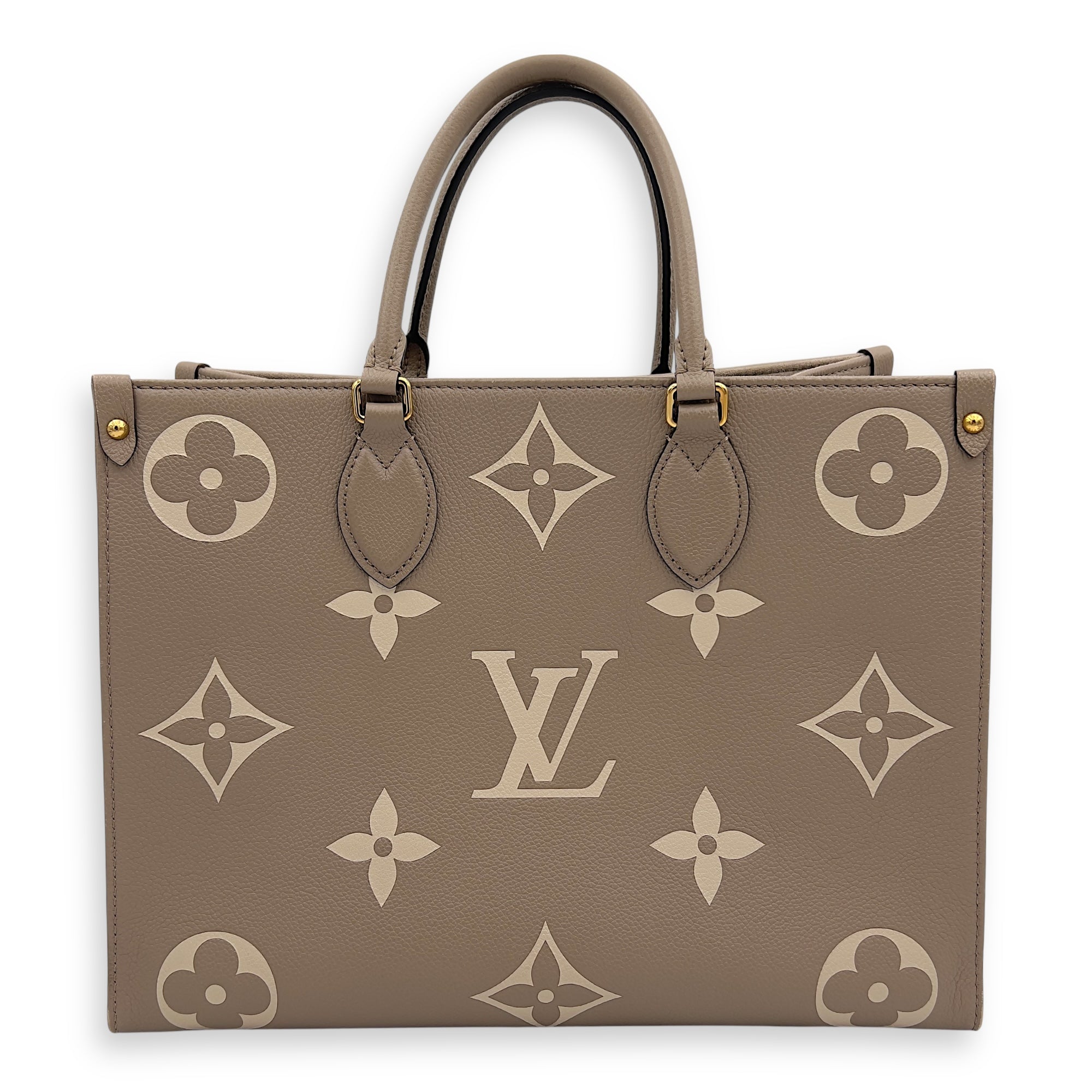 Louis Vuitton OnTheGo MM Beige Top Handle Bag in Empreinte Leather, Gold hardware_2