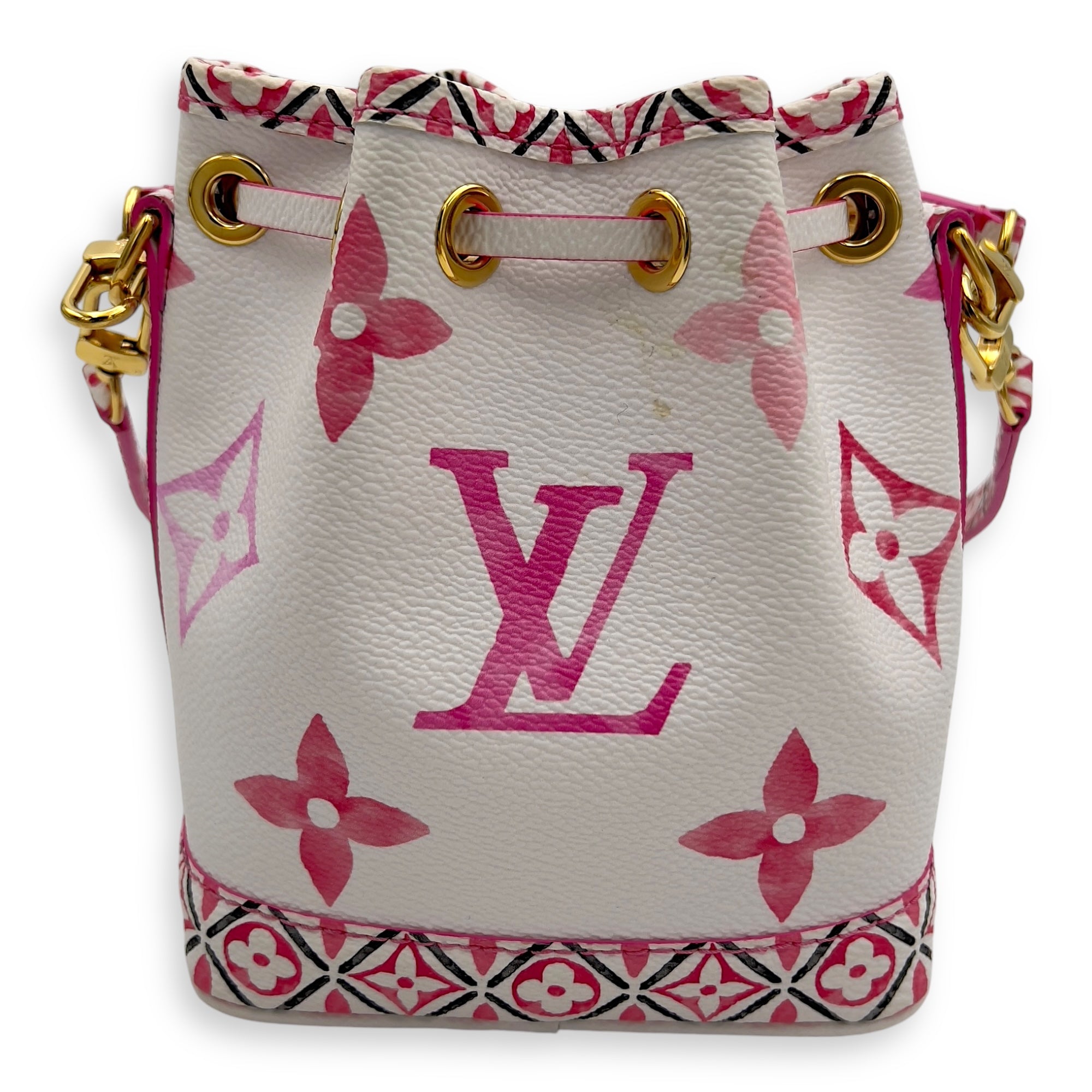 Louis Vuitton By The Pool Noe Nano White Bucket Bag in Coated Canvas, Gold hardware_2