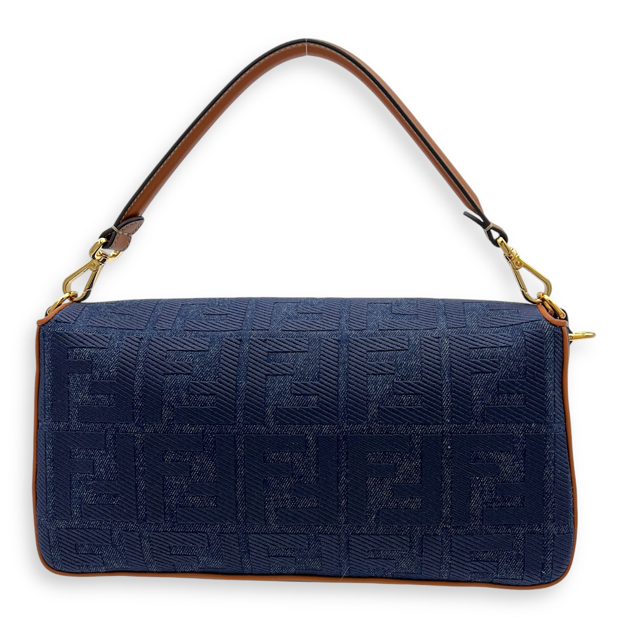 Fendi Baguette Shoulder Bag Blue in Denim, Gold hardware_8