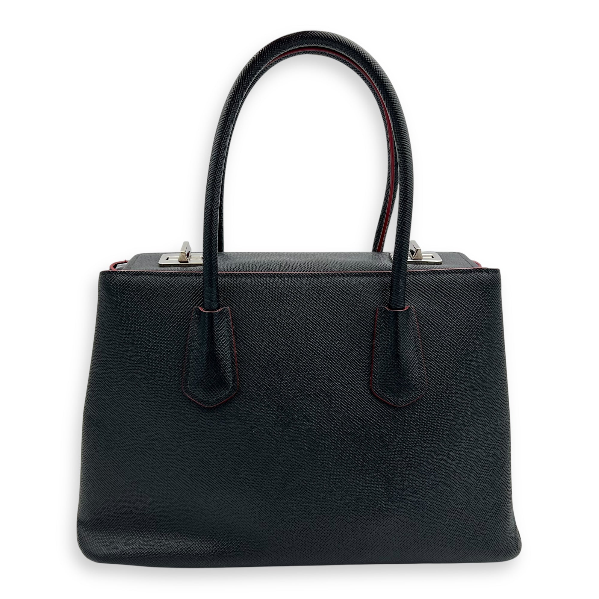Prada 2 way turnlock bag Top Handle Bag Black in Saffiano Leather, Silver hardware_2