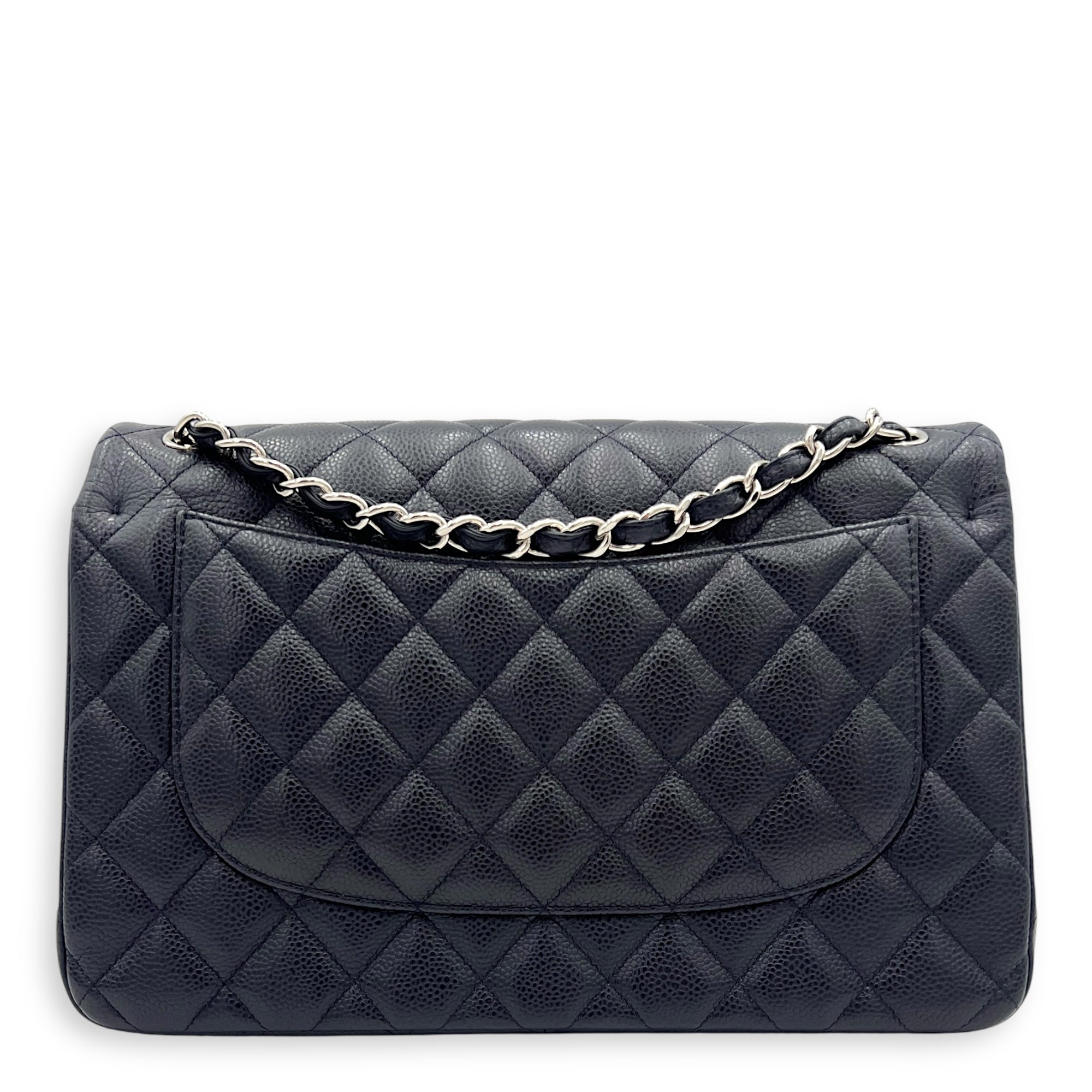Chanel Classic Jumbo Blue Shoulder Bag in Caviar Leather, Silver hardware_11