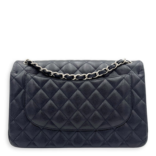 Chanel Classic Jumbo Blue Shoulder Bag in Caviar Leather, Silver hardware_11